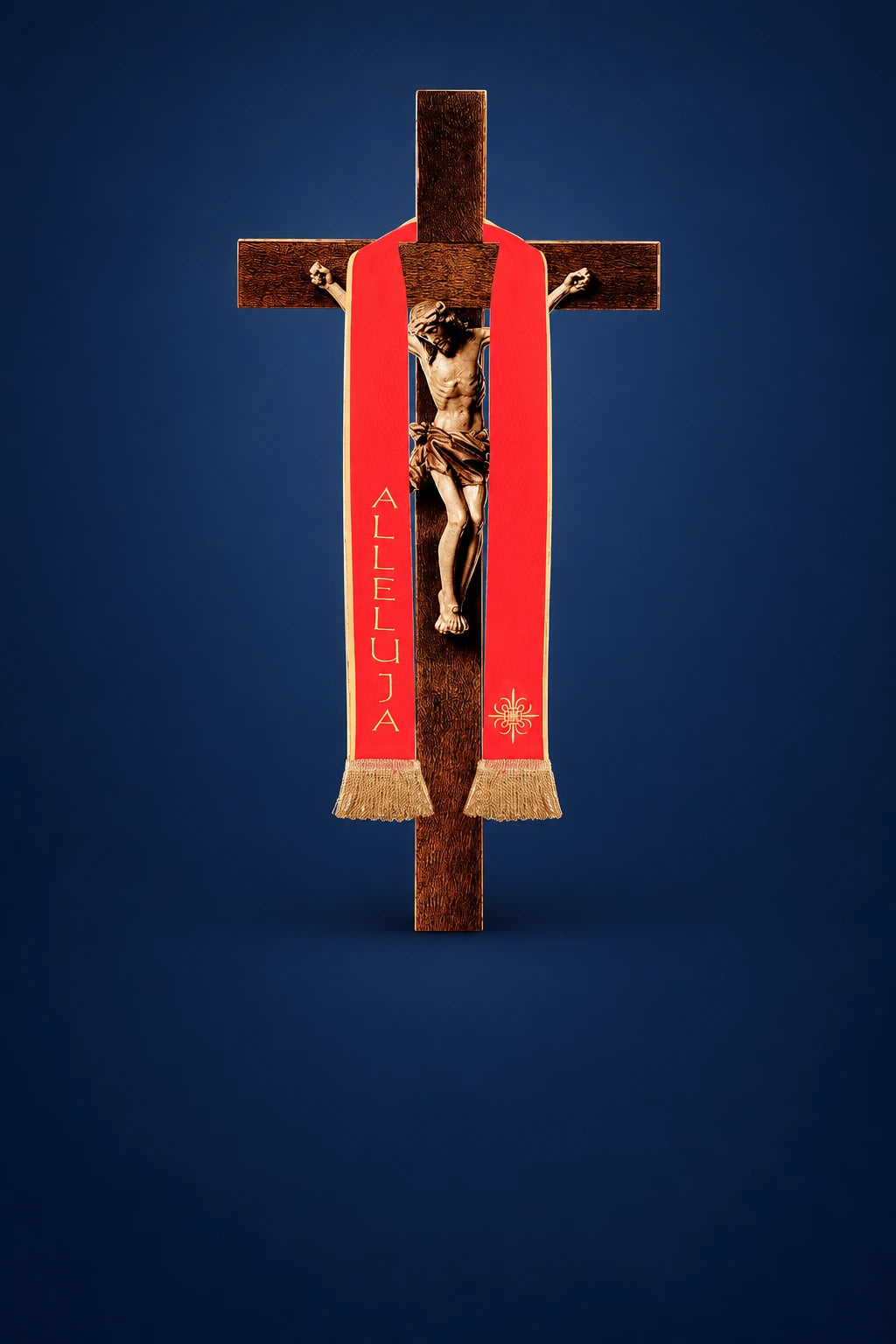 Short Alleluia stole for a cross, front view in red with gold lettering, embroidery, trim and fringe