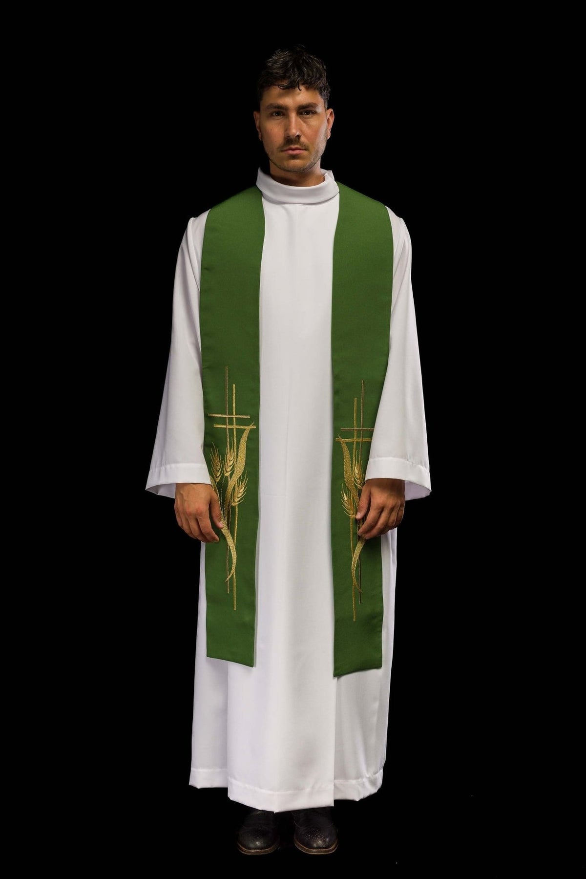 Green priest stole worn front view showing embroidered cross and wheat motifs