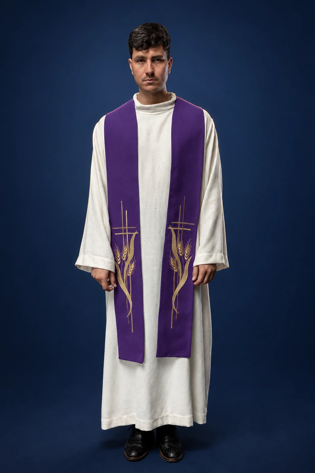 Purple Embroidered Priest Stole worn front view with gold cross and wheat embroidery