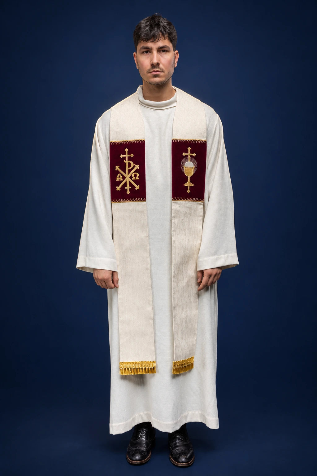 Stole with Embroidered Communion Chalice and PAX, front view in ivory with burgundy panels and gold embroidery