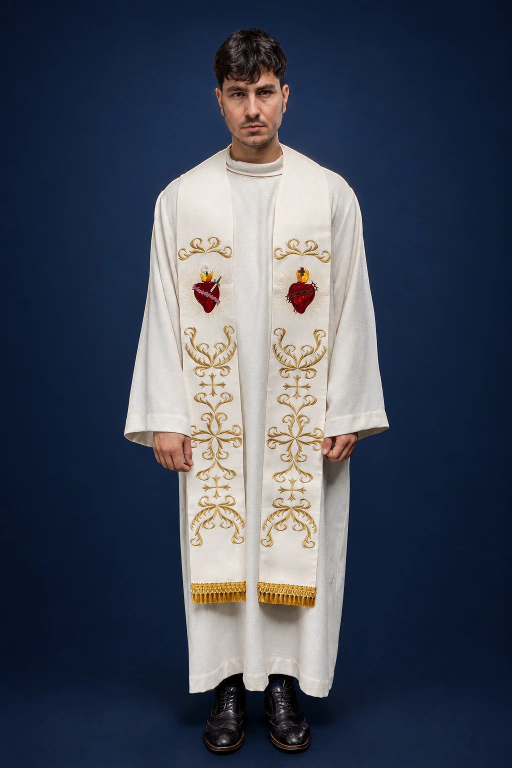 Embroidered Stole with the Sacred Heart of Jesus and Mary, Ecru, worn front view