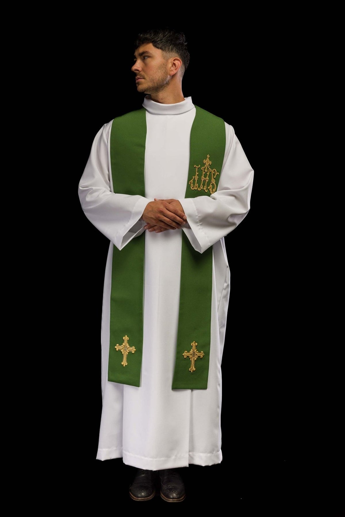 Green priest stole front view worn, showing IHS and cross embroidery