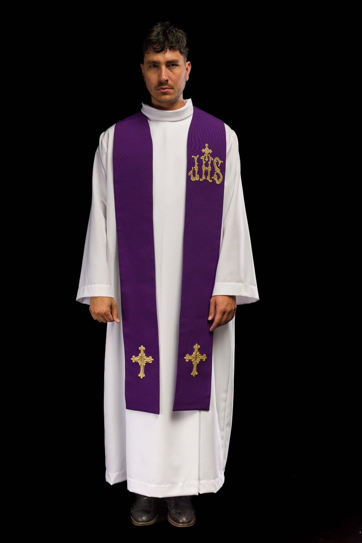 Purple priest stole full front view with gold IHS and cross embroidery