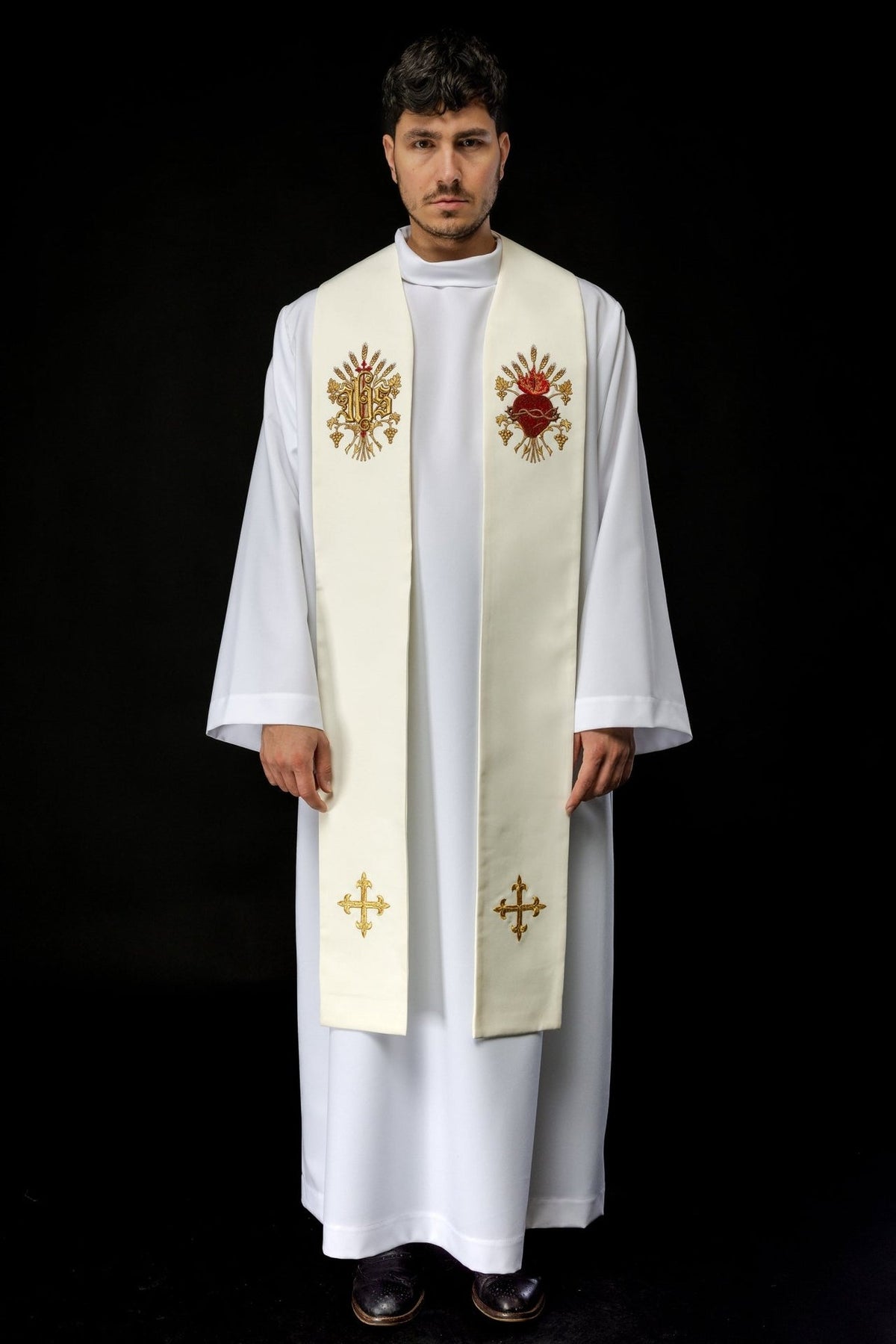 Embroidered ecru stole, full front view with IHS, Sacred Heart of Jesus and crosses