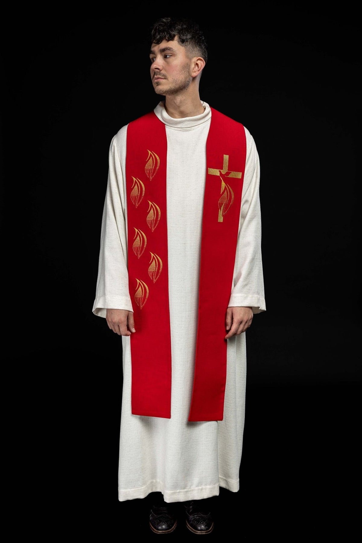 Red embroidered stole full front view with Holy Spirit, cross and tongues of fire