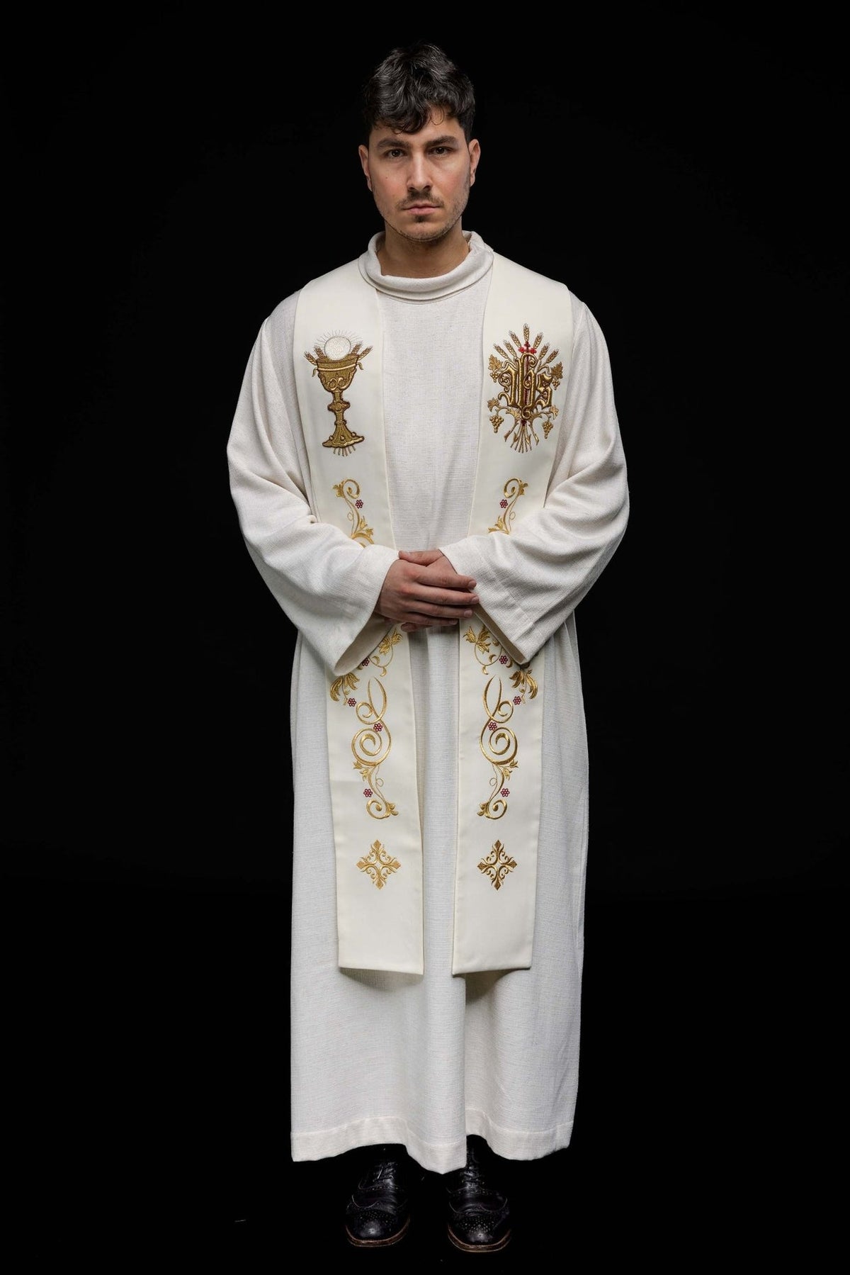 Embroidered stole worn front view showing full-length gold floral embroidery