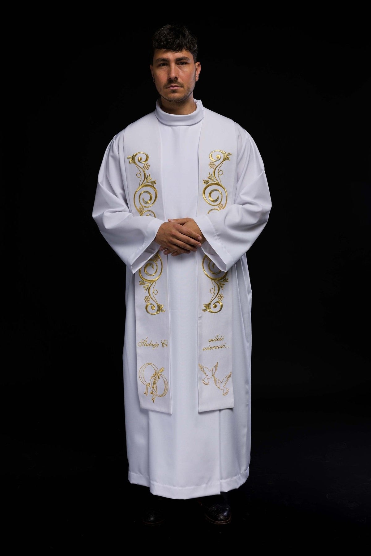 White wedding stole worn front view with gold scroll and wedding embroidery