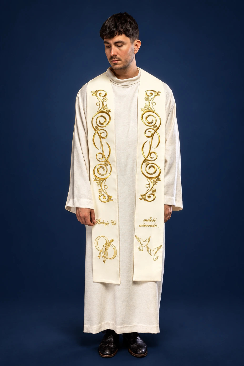 Long Cream Embroidered Wedding Stole worn front-facing, with gold scroll embroidery, wedding rings and doves
