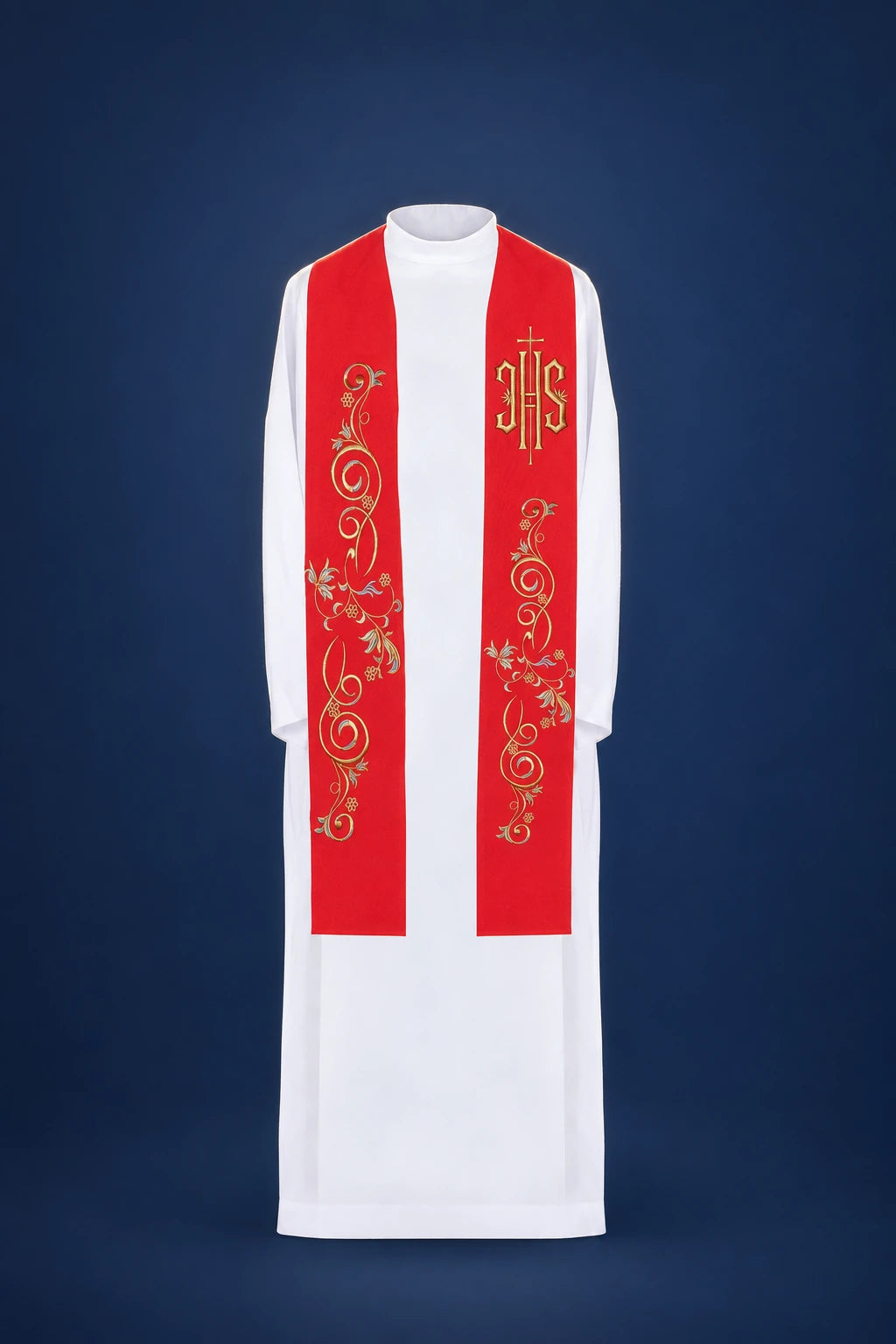Red Embroidered Priest Stole with IHS, front view with gold IHS and floral embroidery