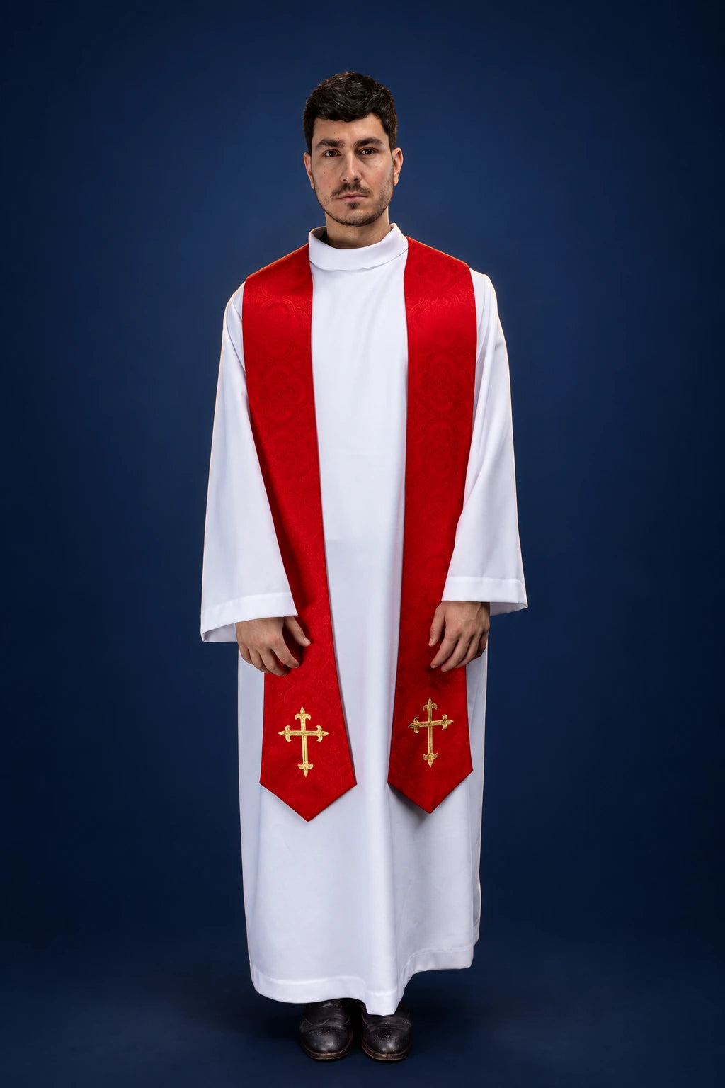 Red Jacquard Stole with Gold Embroidered Crosses, front view worn