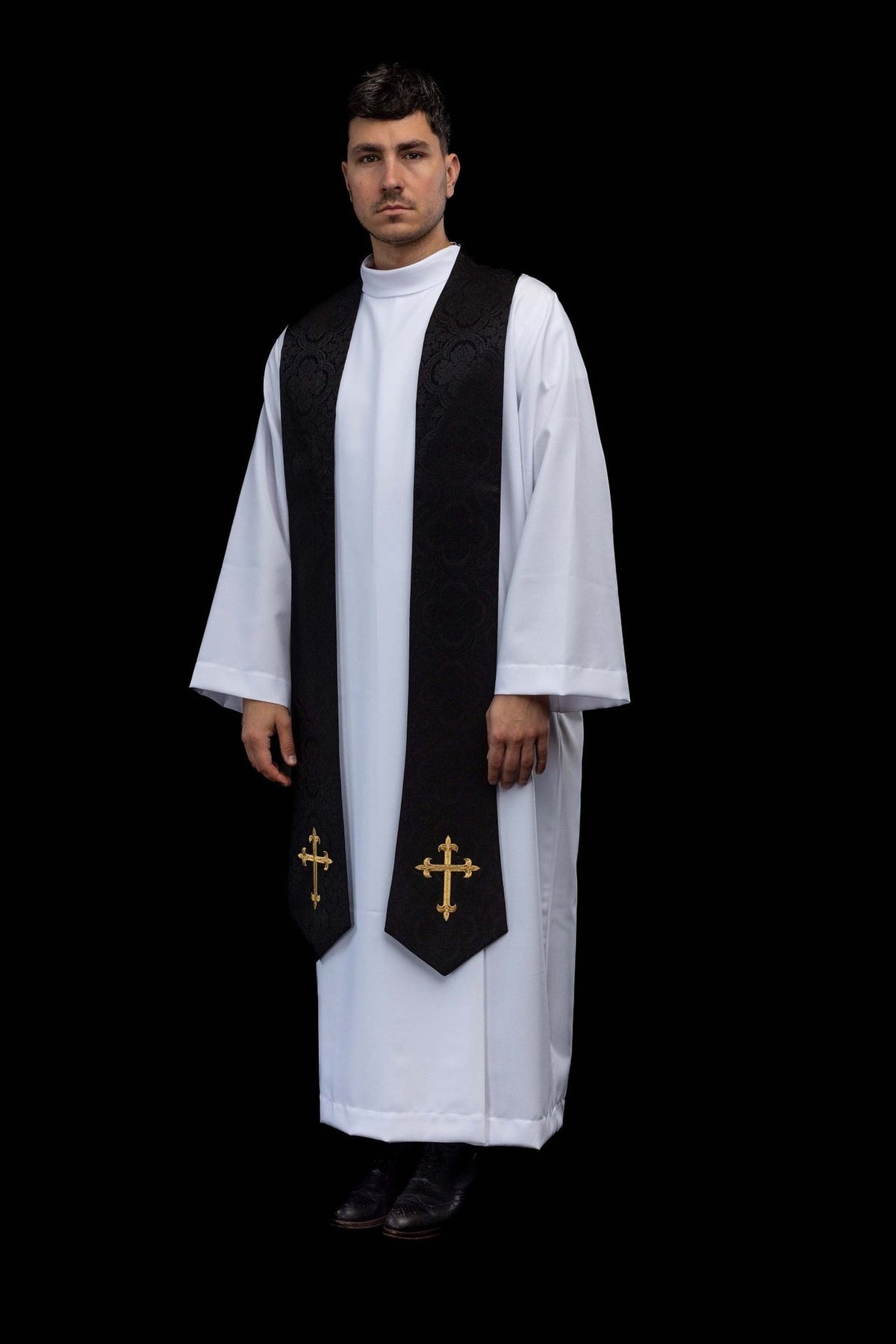 Black priest stole worn full view with gold embroidered crosses