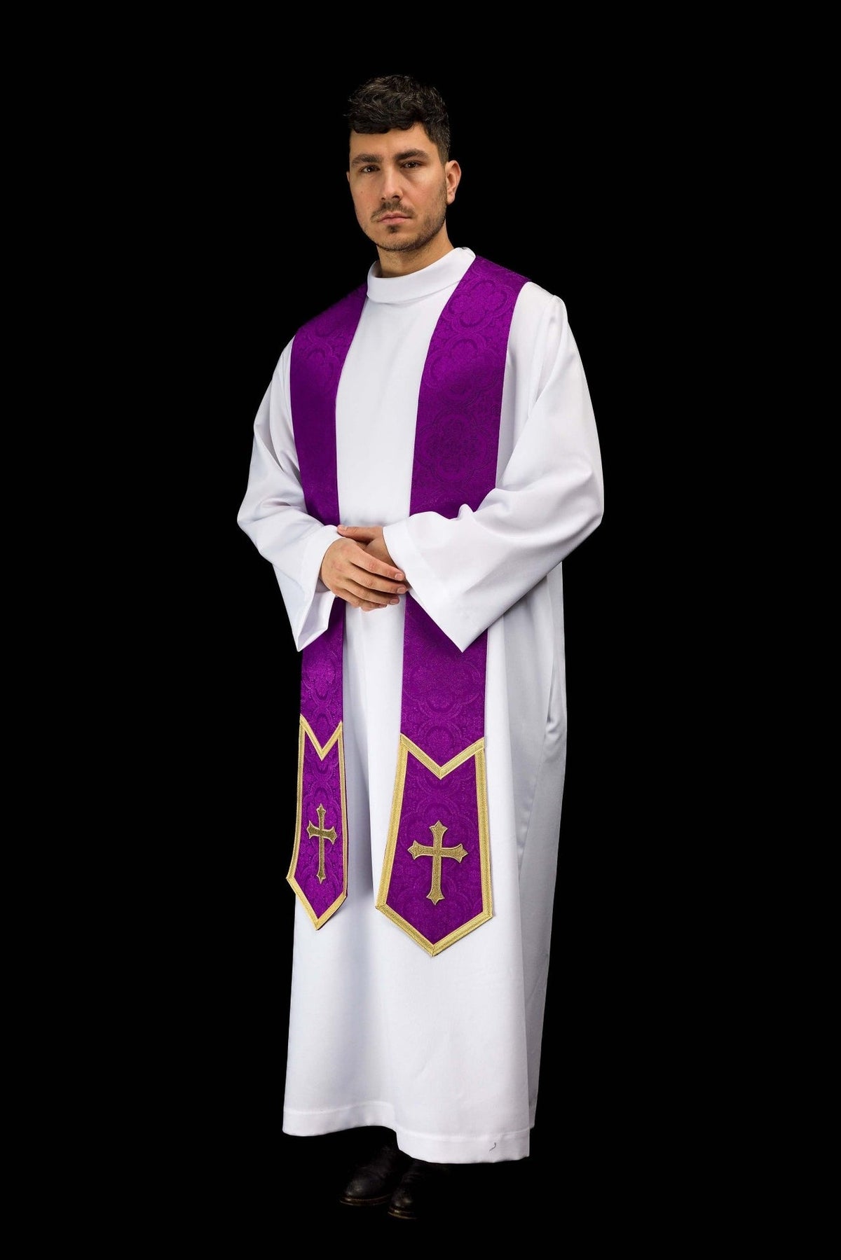 Purple priest stole worn three-quarter view with gold cross embroidery