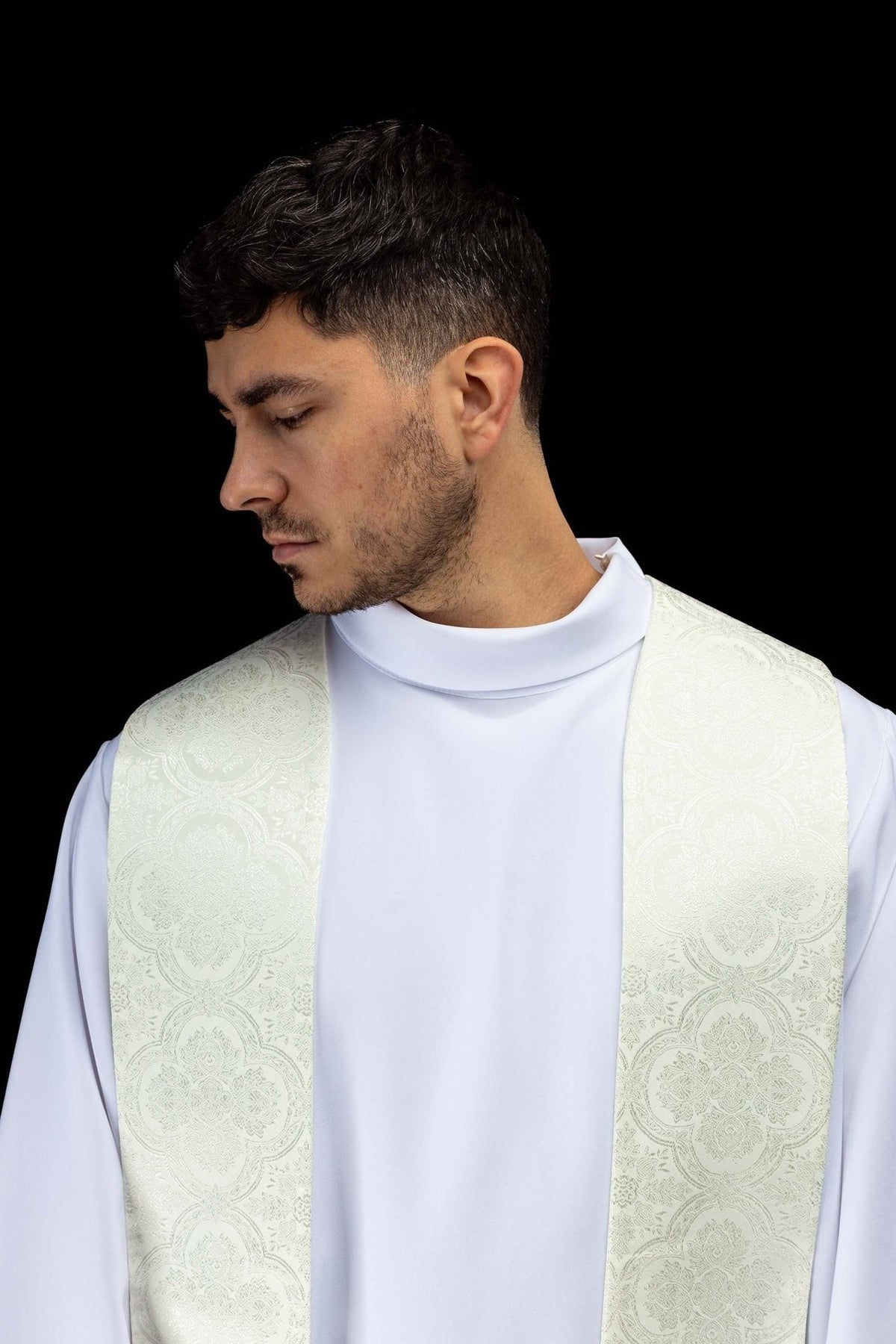 Ecru priest stole upper front with jacquard floral motifs