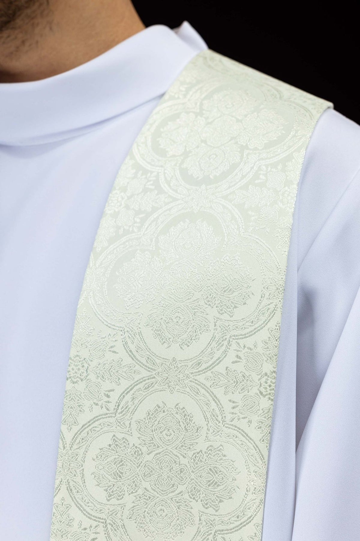 Ecru jacquard stole close-up showing floral motifs