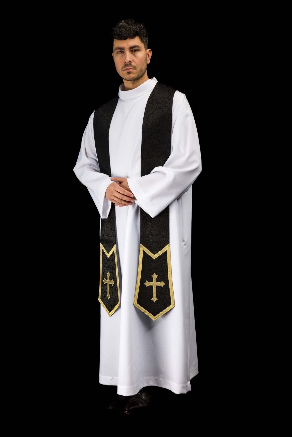 Black priest stole, angled worn view with gold crosses