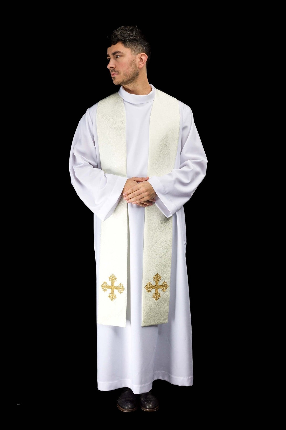 Ecru priest stole worn in front view with gold embroidered crosses
