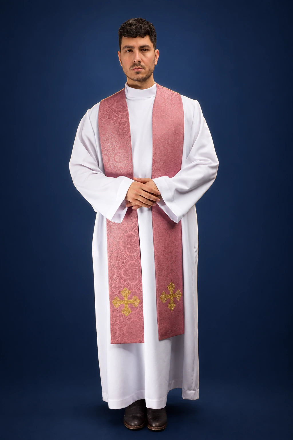 Rose Embroidered Stole with Gold Cross Motif worn front view in rose jacquard with gold crosses
