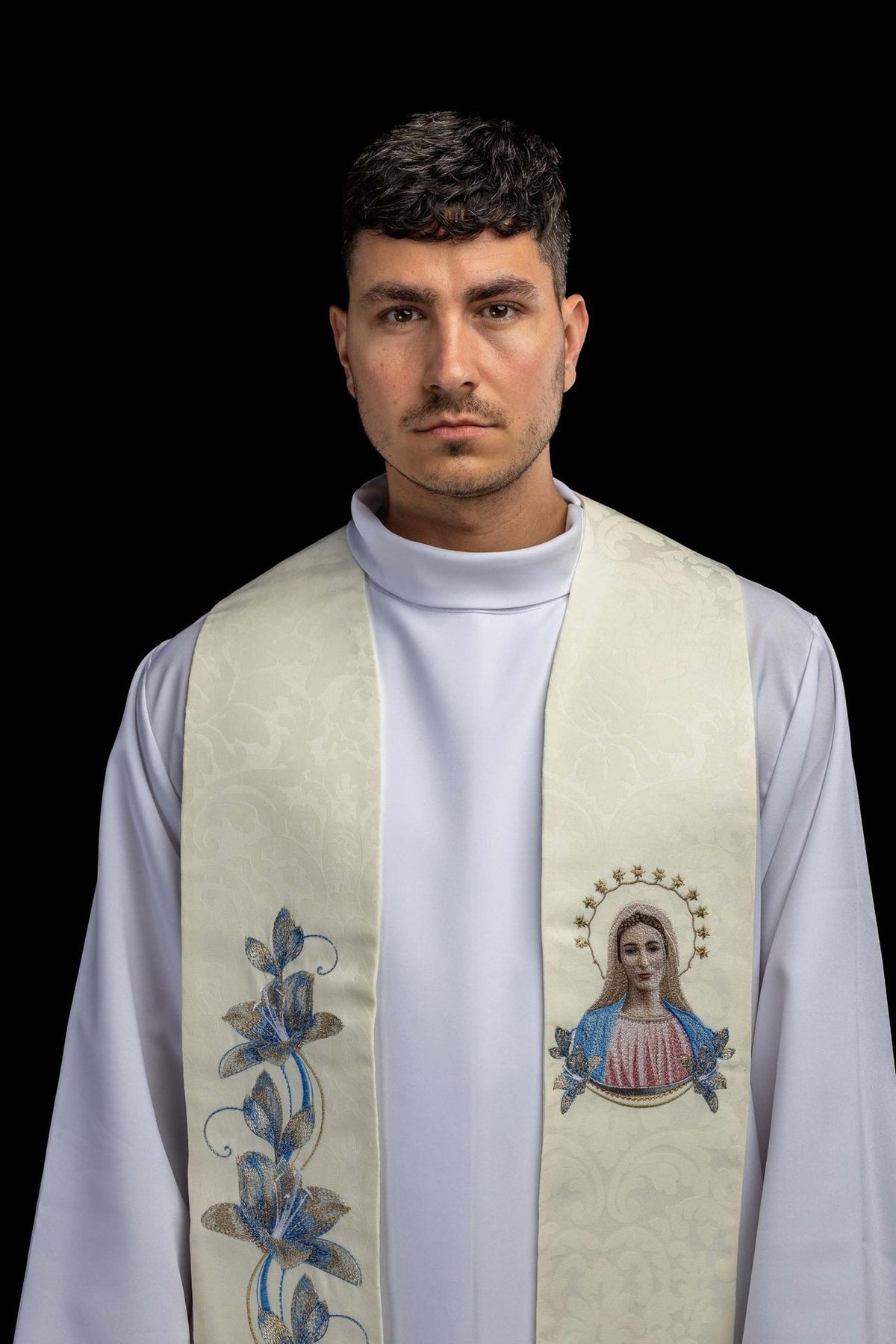 Stole upper front view showing Our Lady embroidery and blue and gold floral details