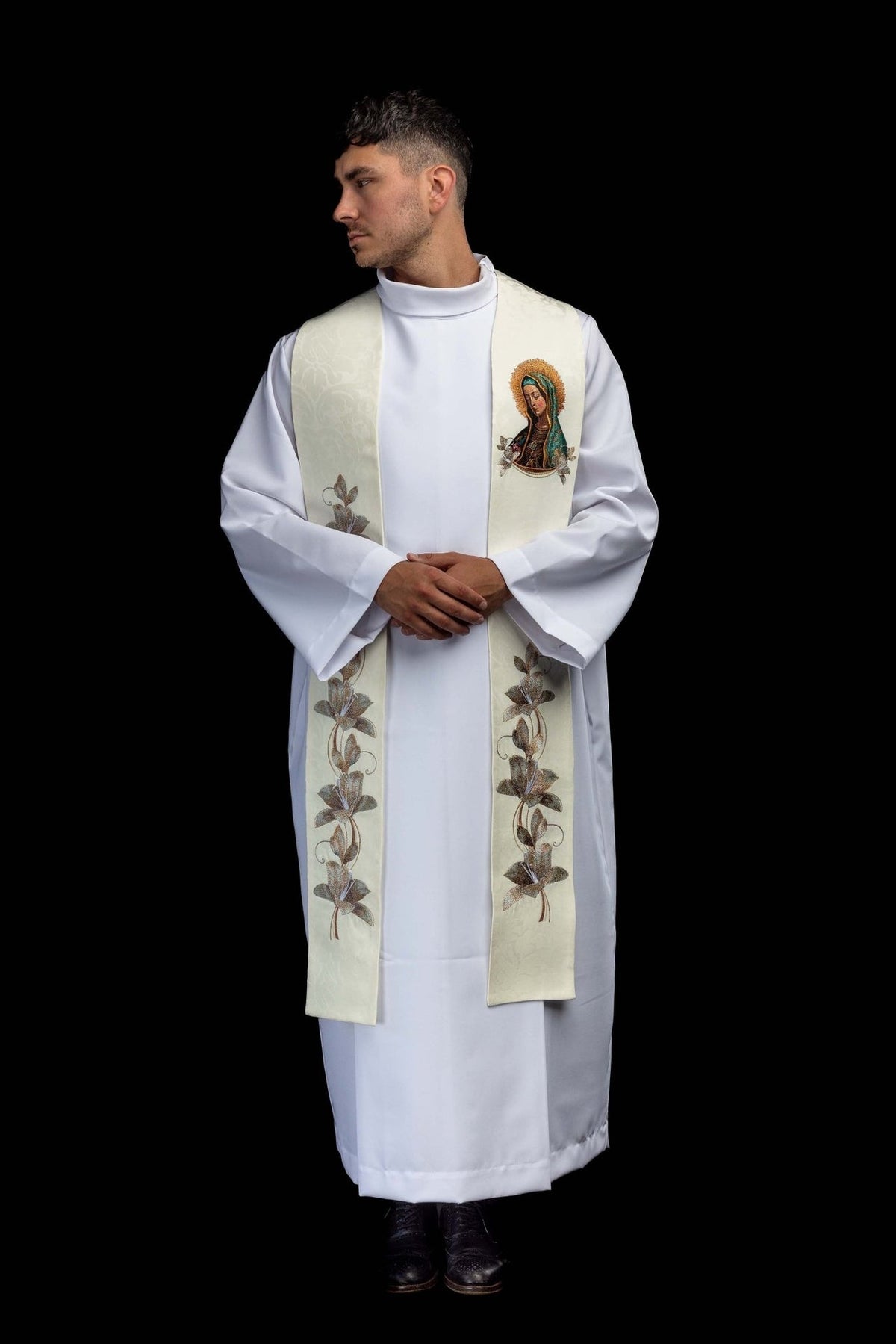 Stole worn in a full front view with Our Lady and floral embroidery