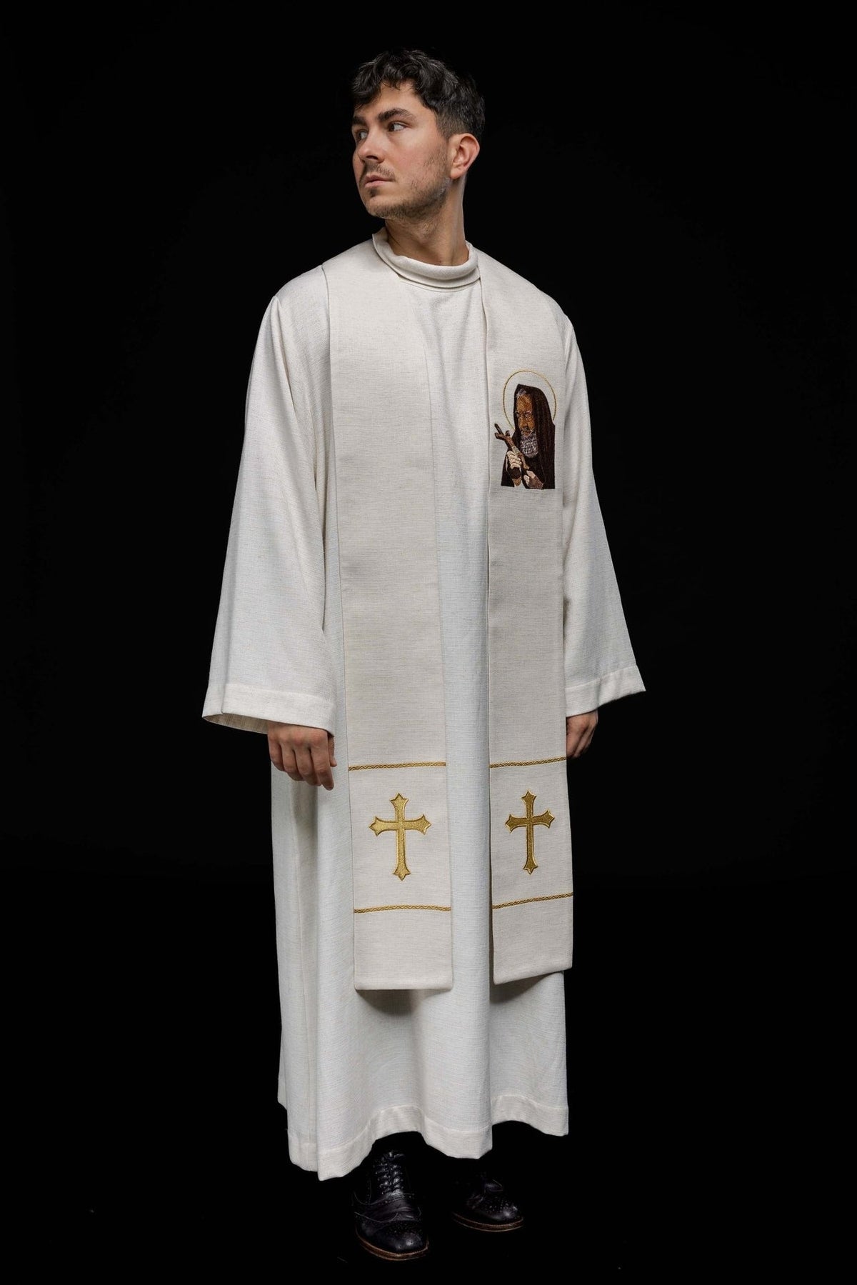 Padre Pio stole worn in front view with embroidered portrait and gold crosses