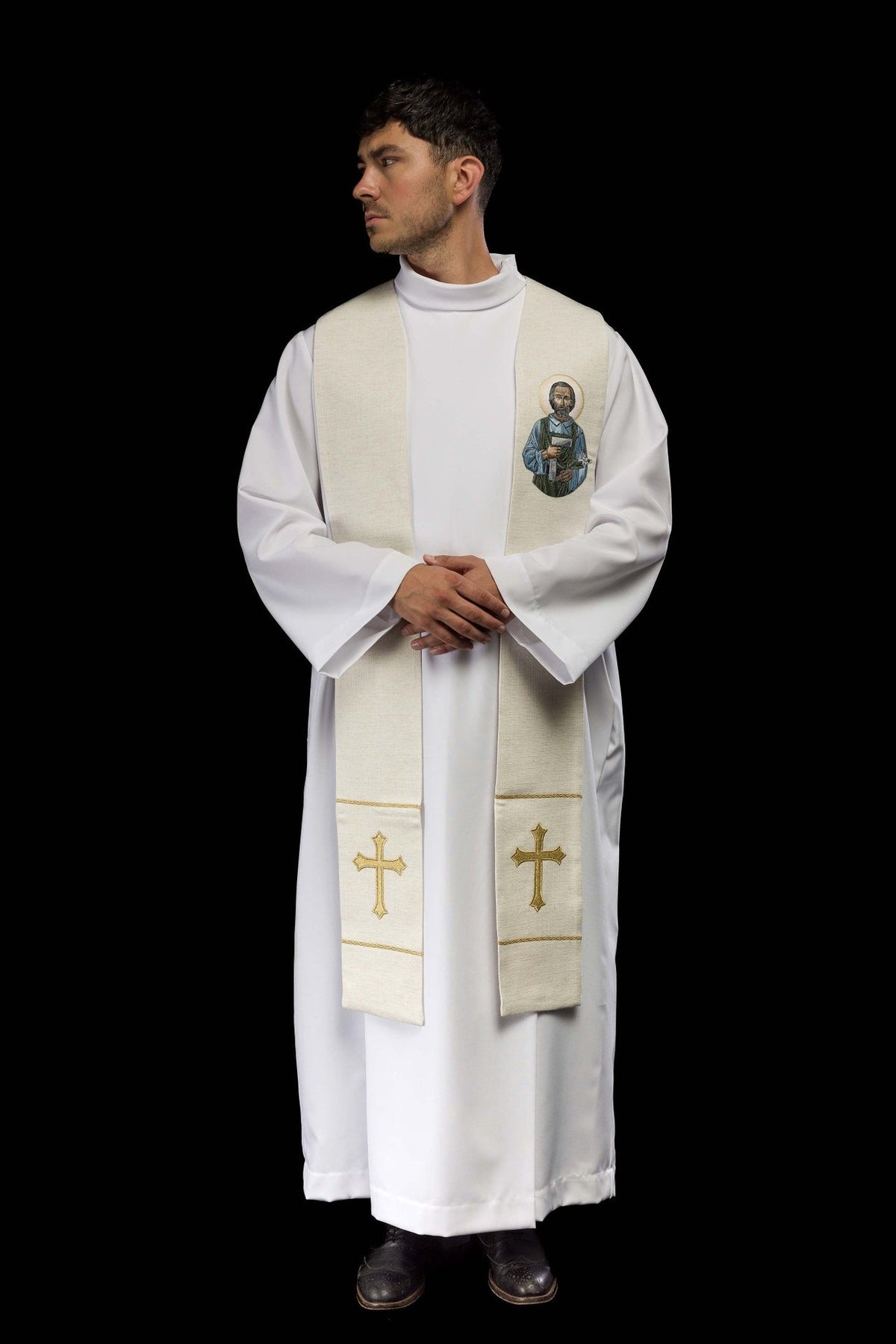 Stole worn full length, showing Saint Joseph embroidery and gold crosses