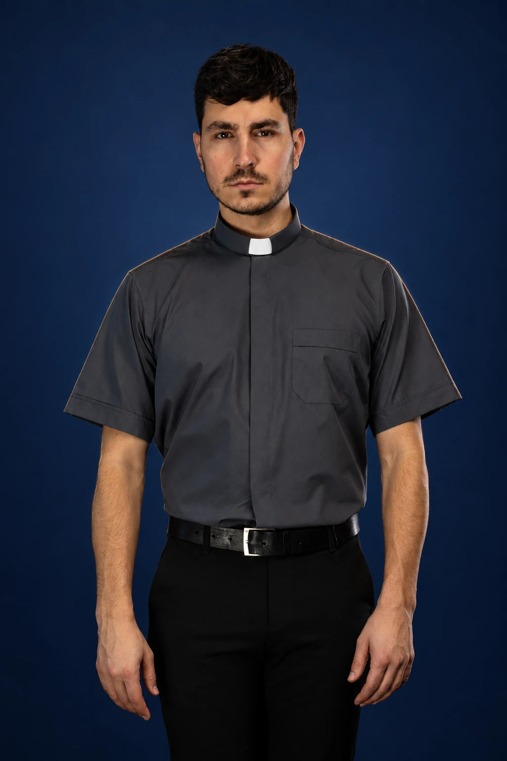 Dark Gray Clergy Shirt with Short Sleeves and Clerical Collar, front view with chest pocket