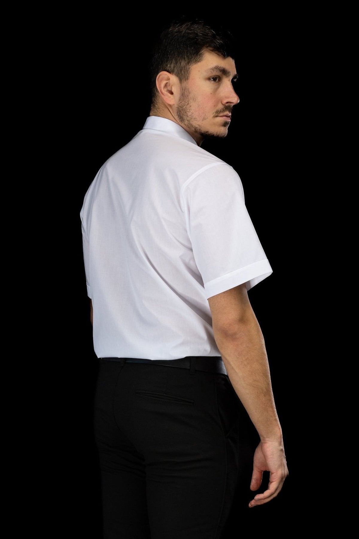 White clergy shirt back view with short sleeves