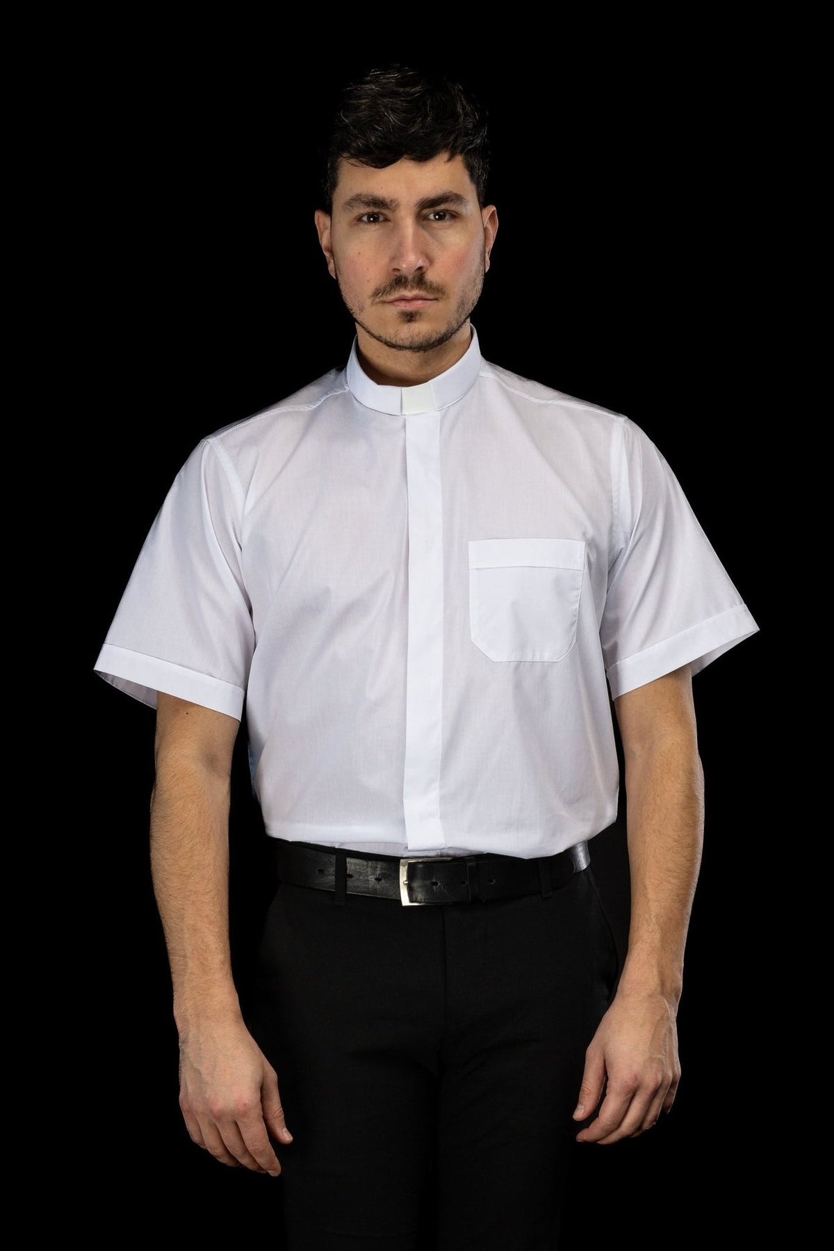 White clergy shirt front view showing the clerical collar, placket and pocket