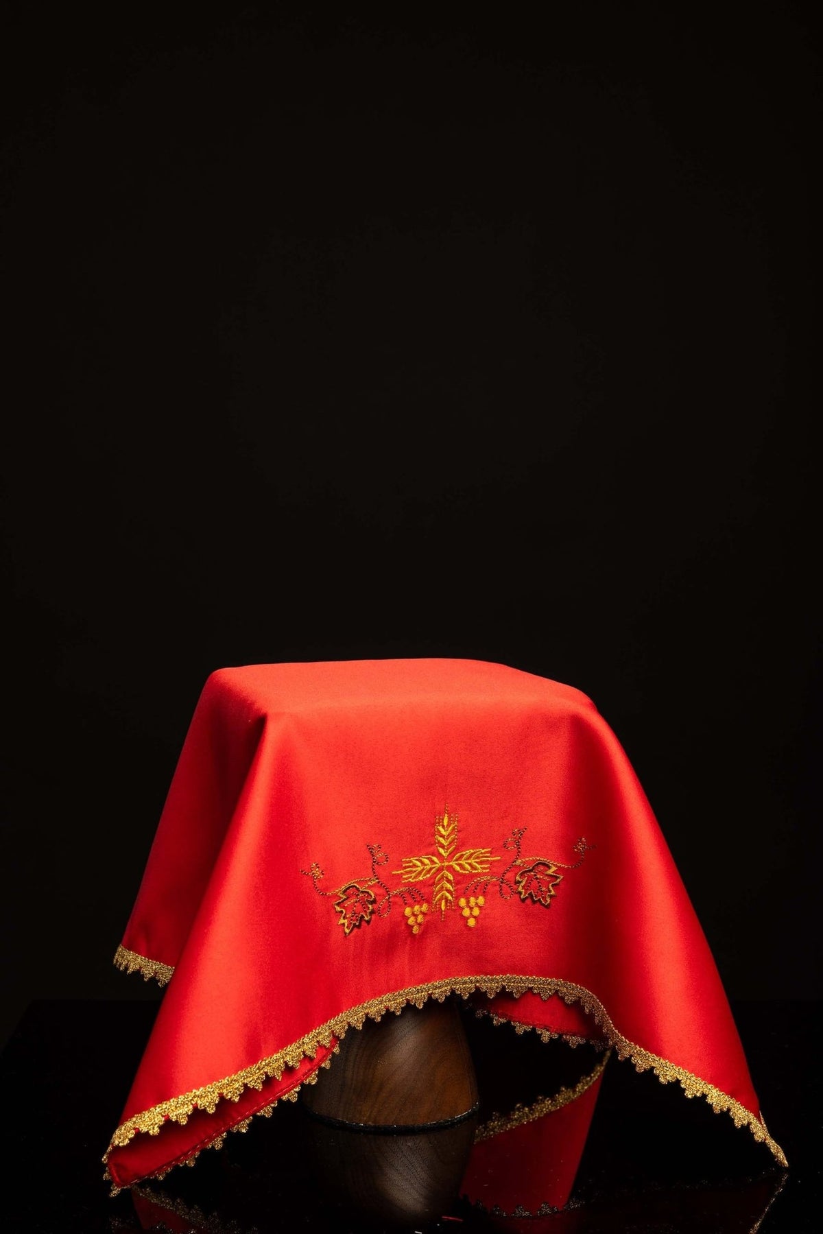 Red chalice veil with gold wheat and grapes embroidery