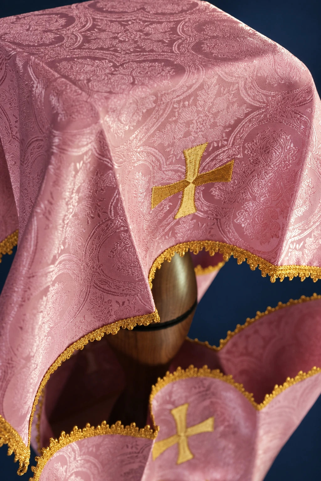 Rose Jacquard Chalice Veil with Gold Cross Embroidery, front view with ornate pattern and gold trim