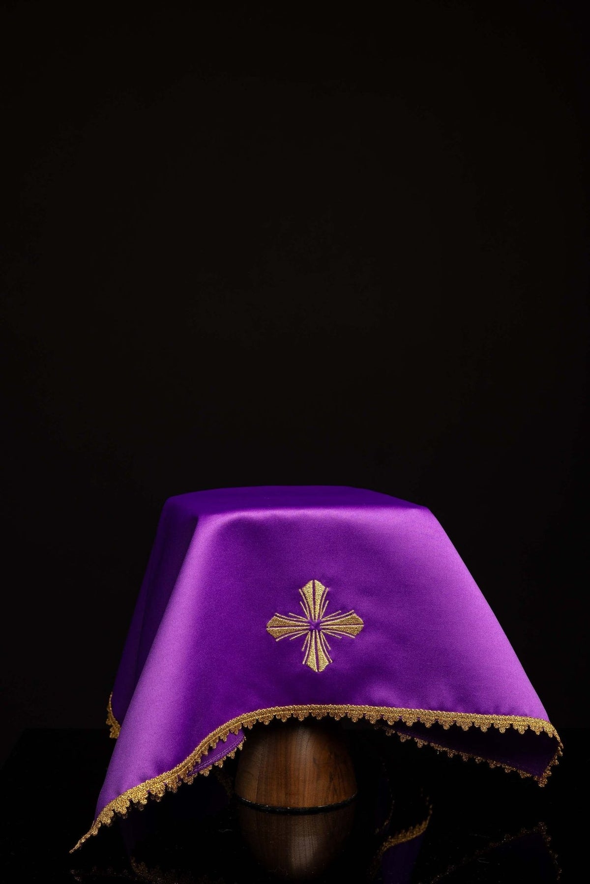 Purple chalice veil with embroidered gold cross and gold trim
