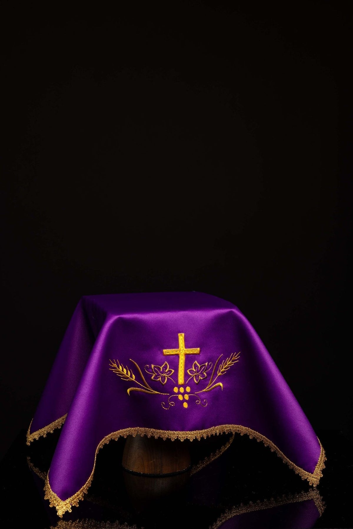 Purple chalice veil with embroidered gold cross, wheat and floral motif