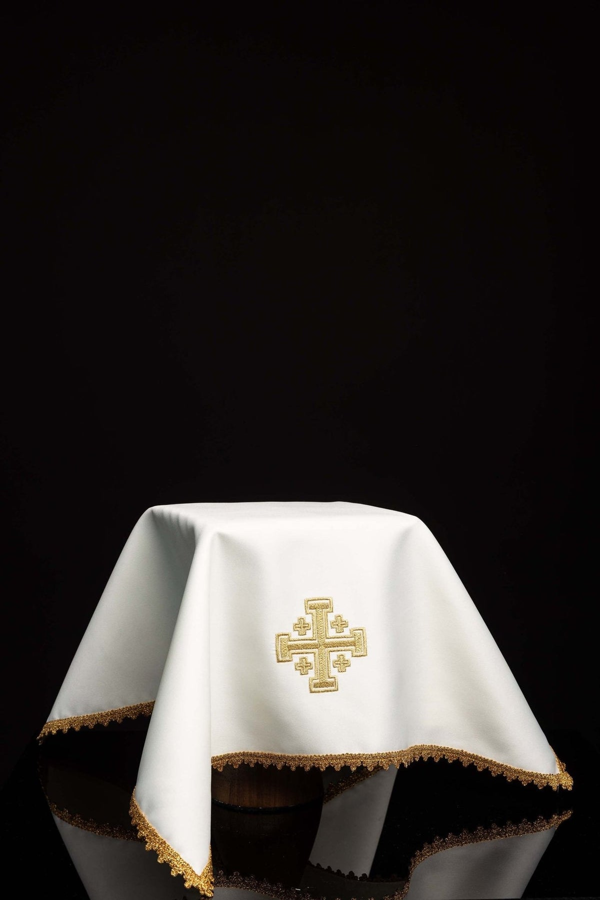 White chalice veil with gold Jerusalem cross embroidery and gold trim, front view