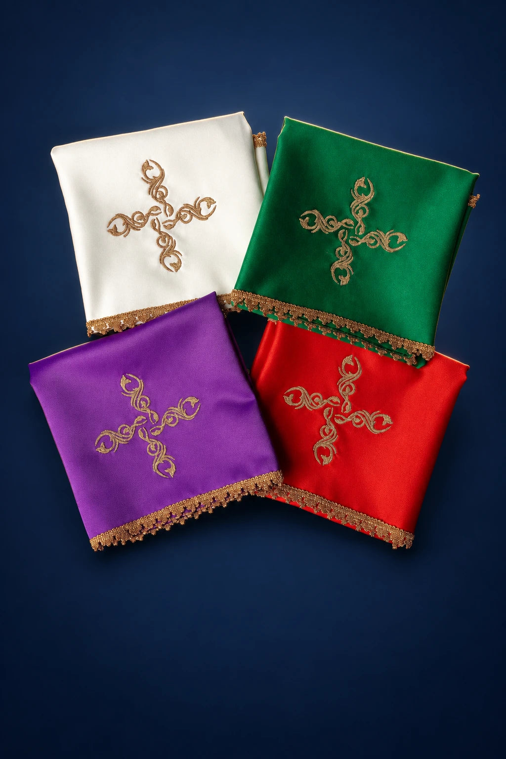 Set of Four Chalice Veils with Embroidered Cross Motif in white, green, red and purple