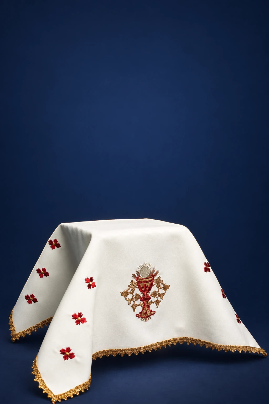 Embroidered Chalice Veil with Communion Chalice Motif, white with red and gold embroidery