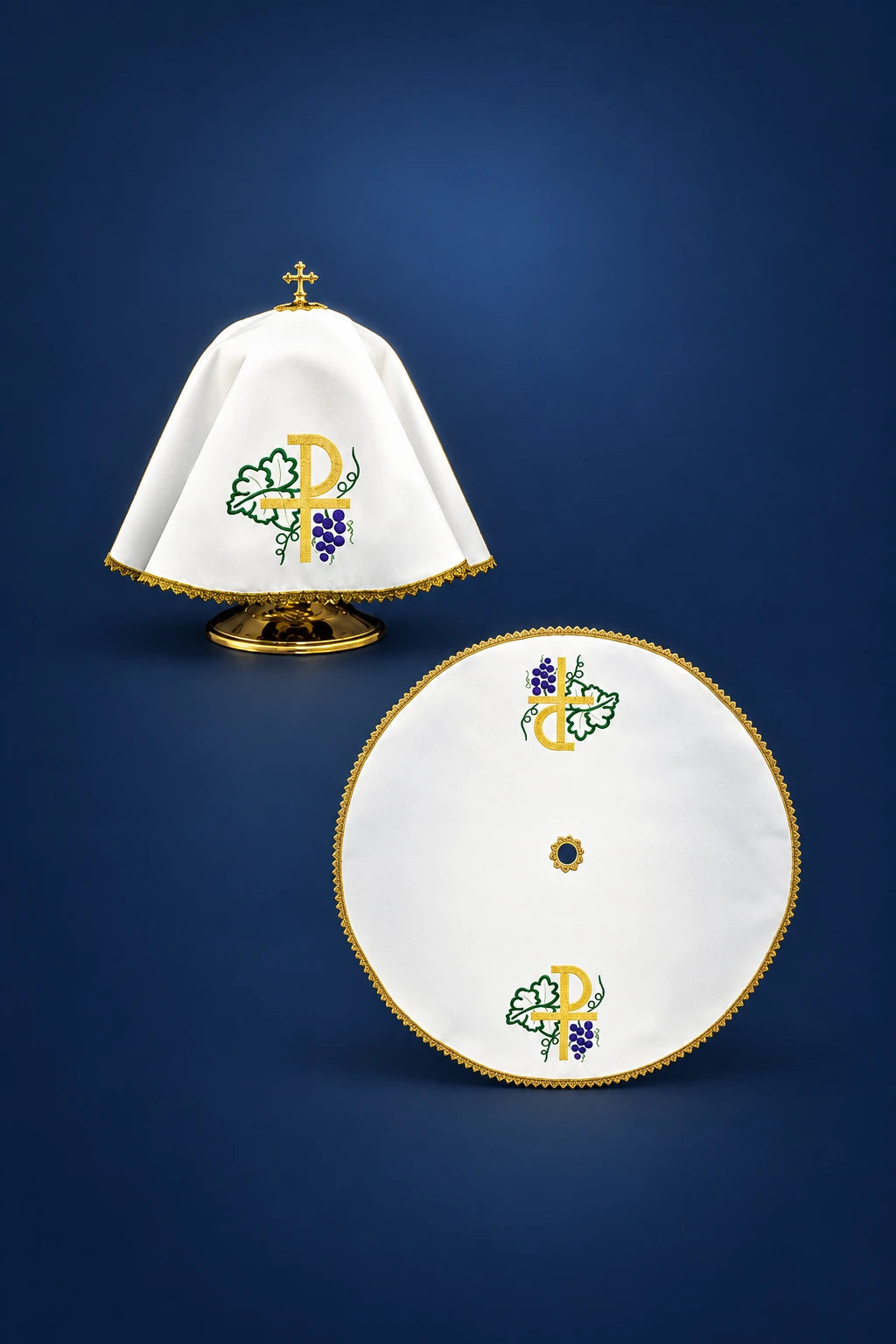 Round Ciborium Veil with Gold PAX Embroidery, front view showing white fabric and gold edging