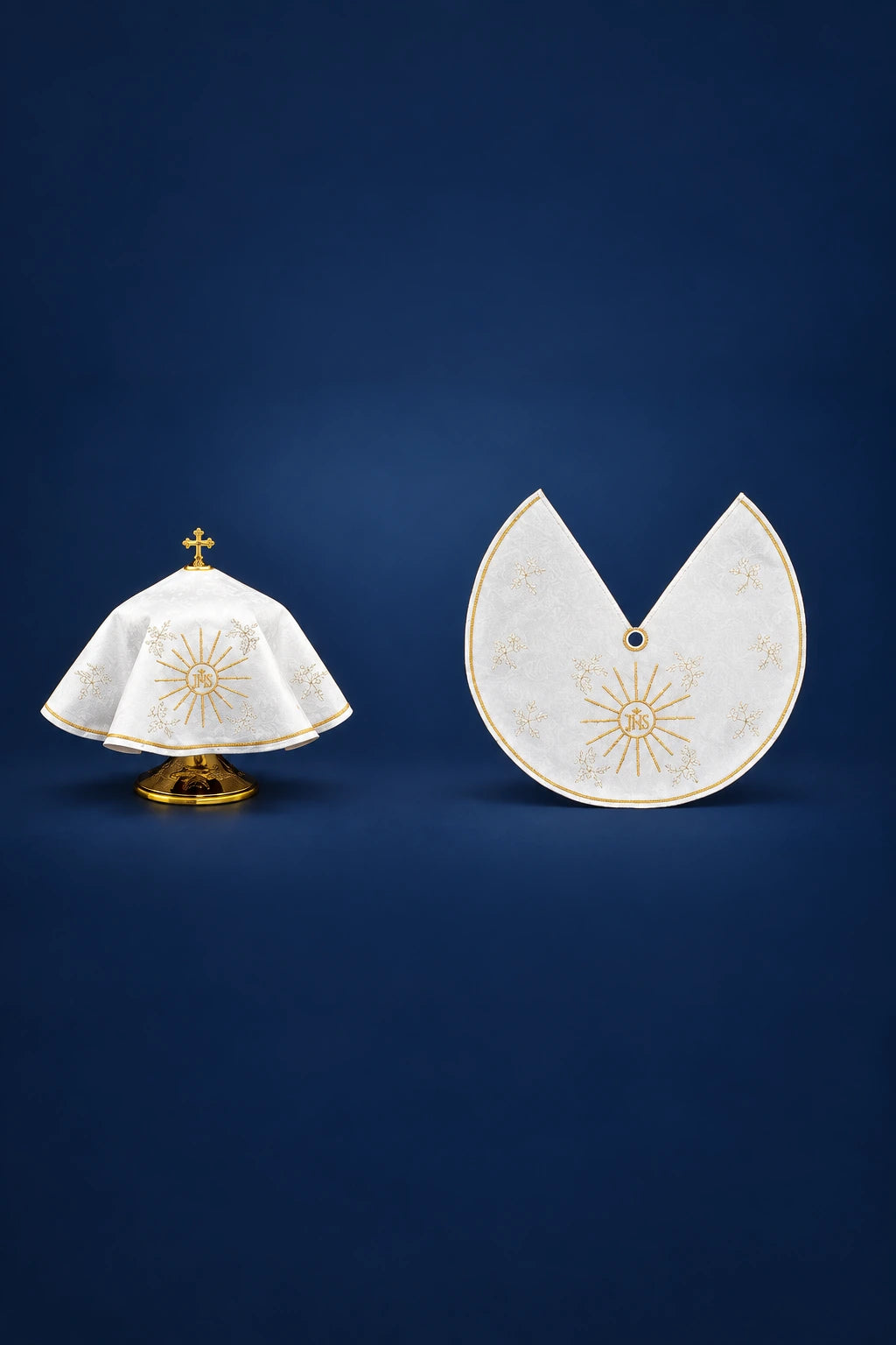 Ciborium veil with Delicate Gold Embroidery, shown front and draped over a ciborium