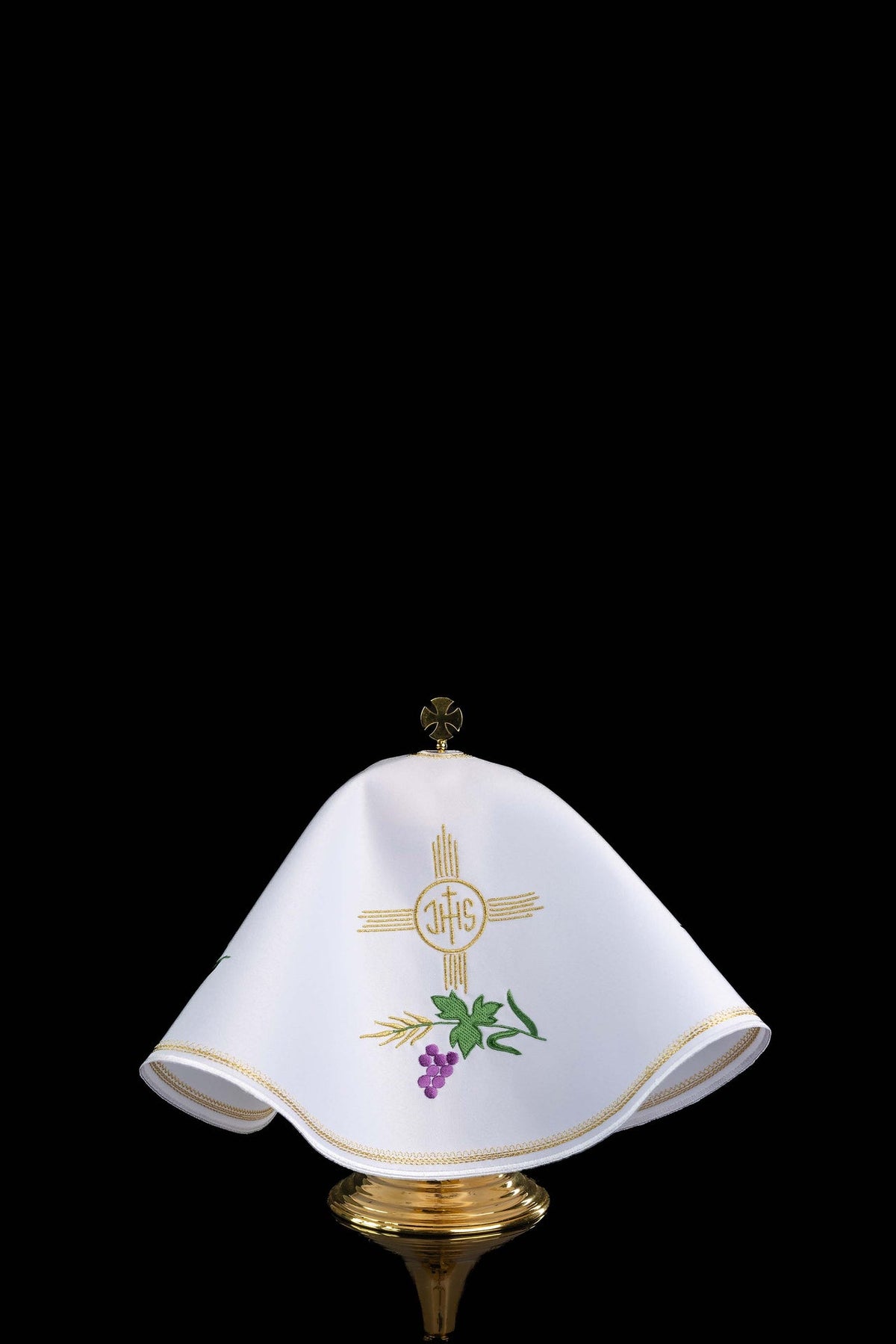 Ciborium veil front view with white fabric, gold IHS embroidery and Eucharistic motifs