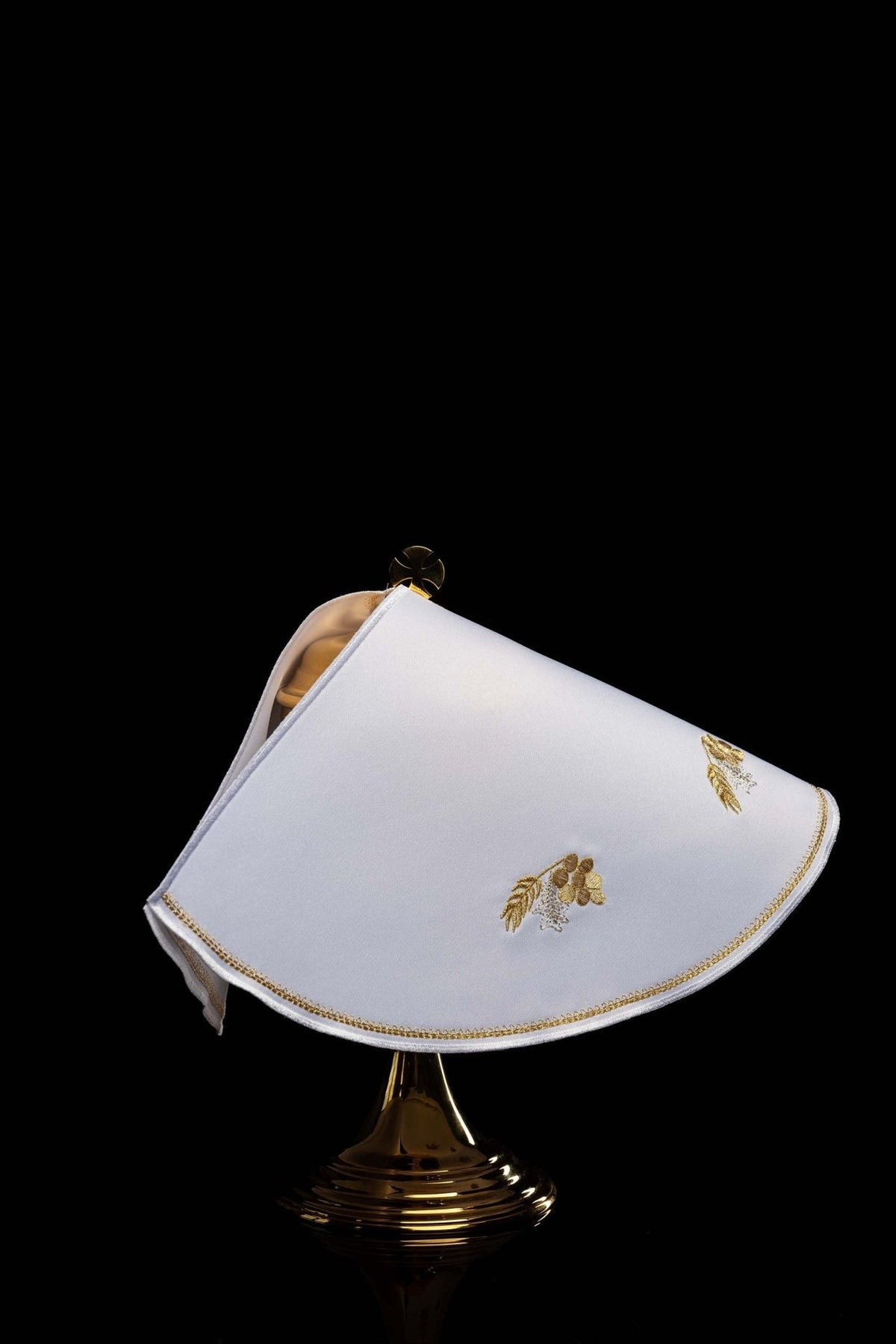 White ciborium veil, angled view with gold wheat and grapes embroidery