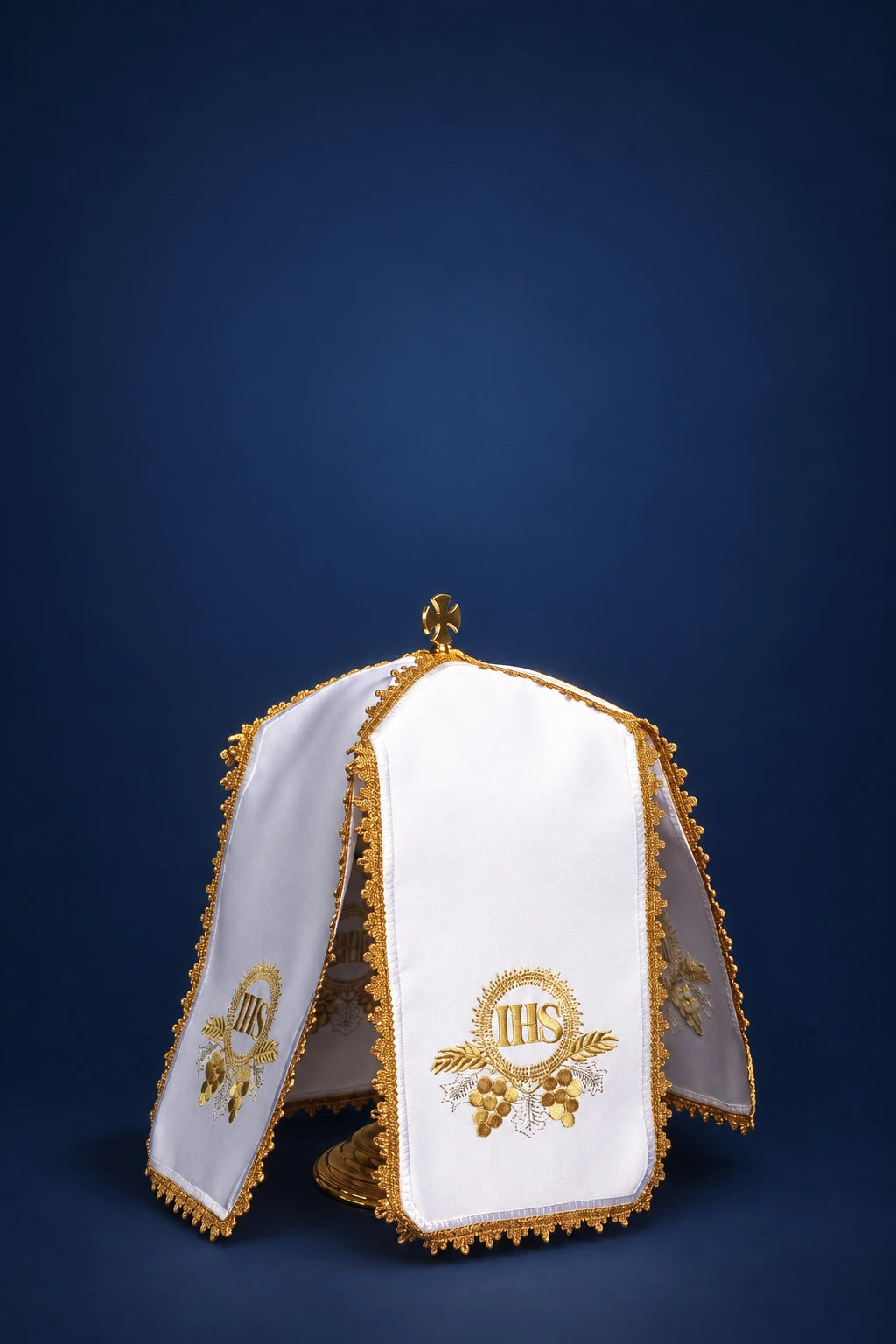 Ciborium Veil with Gold IHS Embroidery, white front view with gold trim and IHS monogram, grapes and wheat