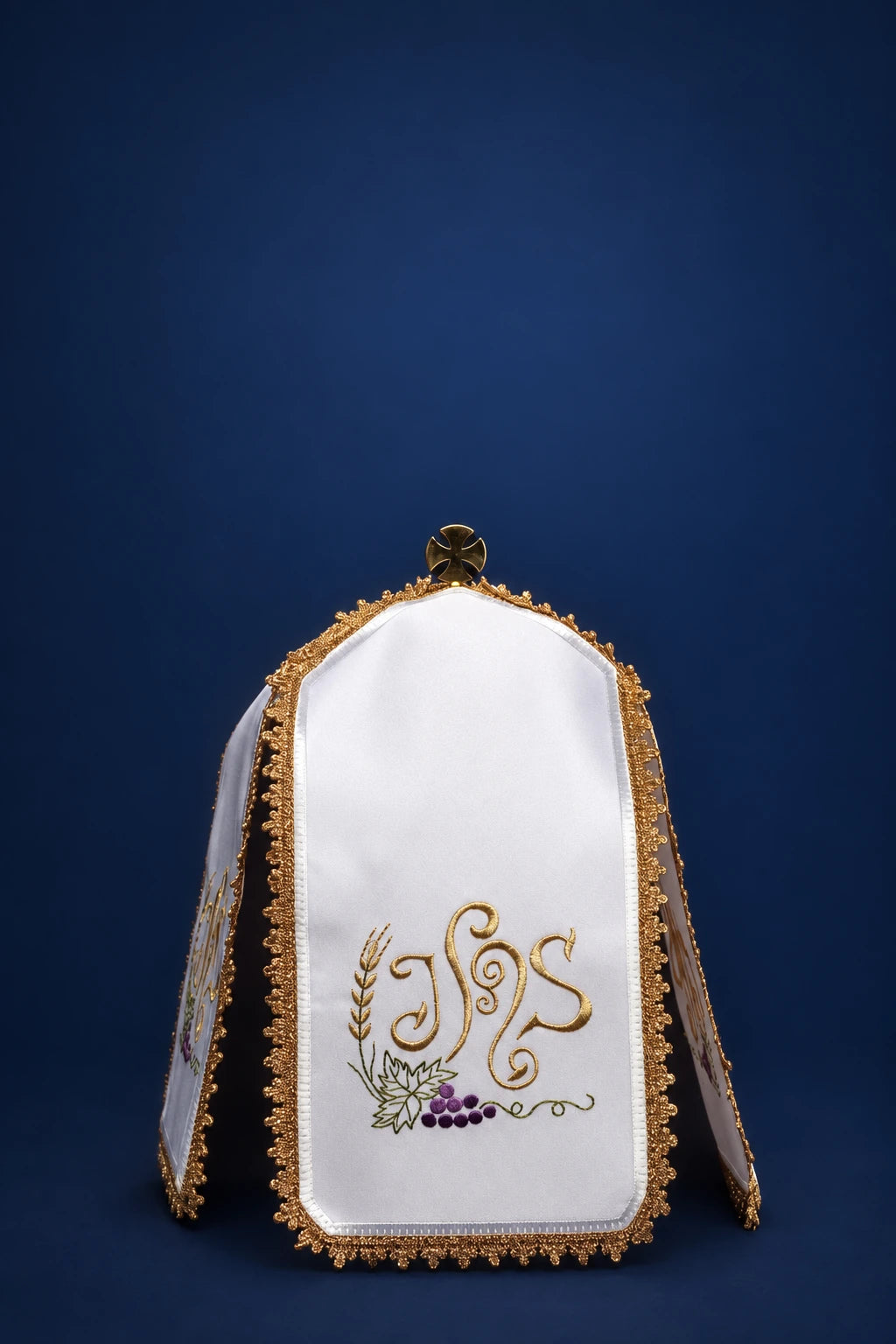 Ciborium veil with colorful IHS embroidery, white with gold trim and grape and wheat motifs, front view