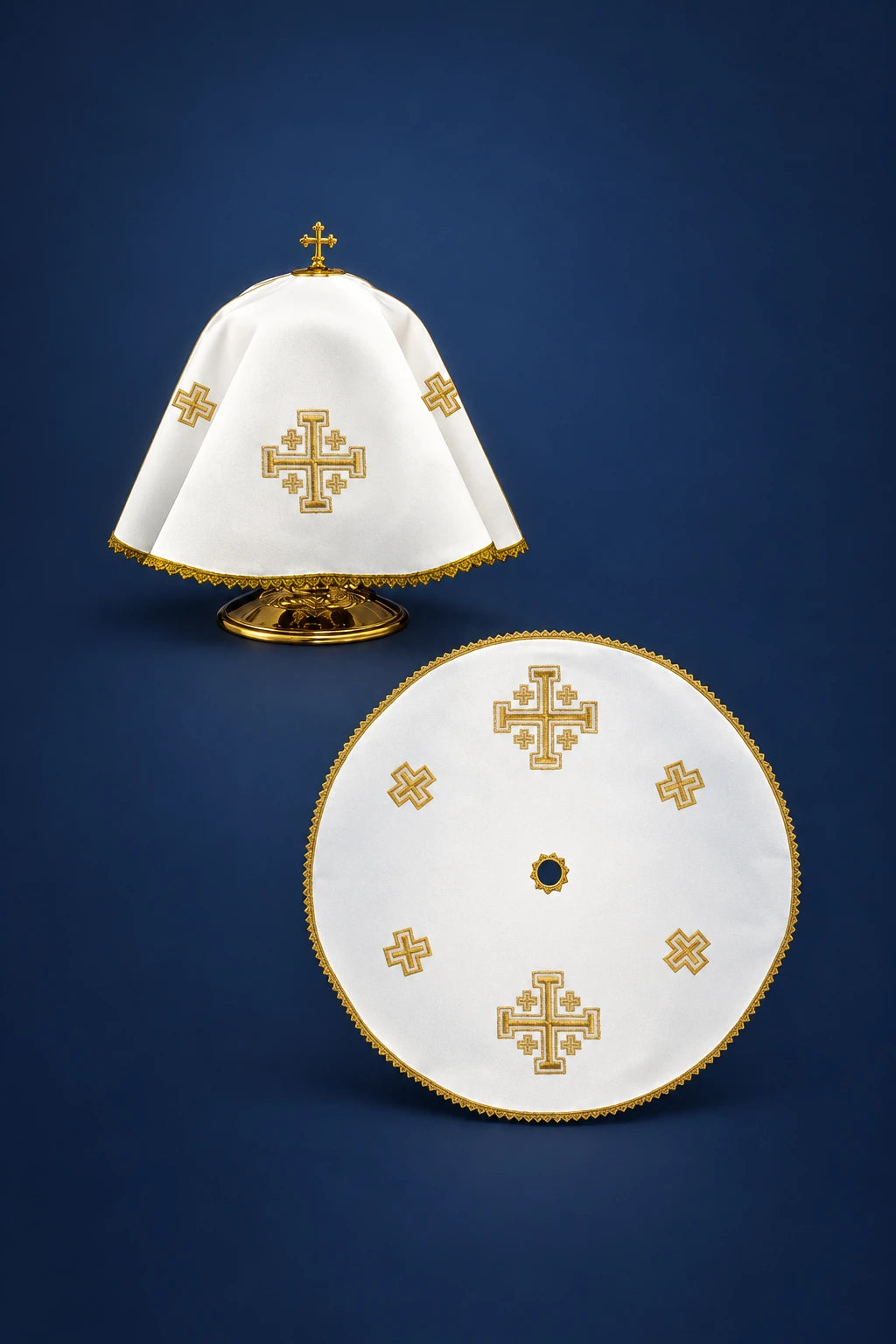 Round Ciborium Veil with Classic Gold Embroidery, white front view with Jerusalem crosses and gold trim