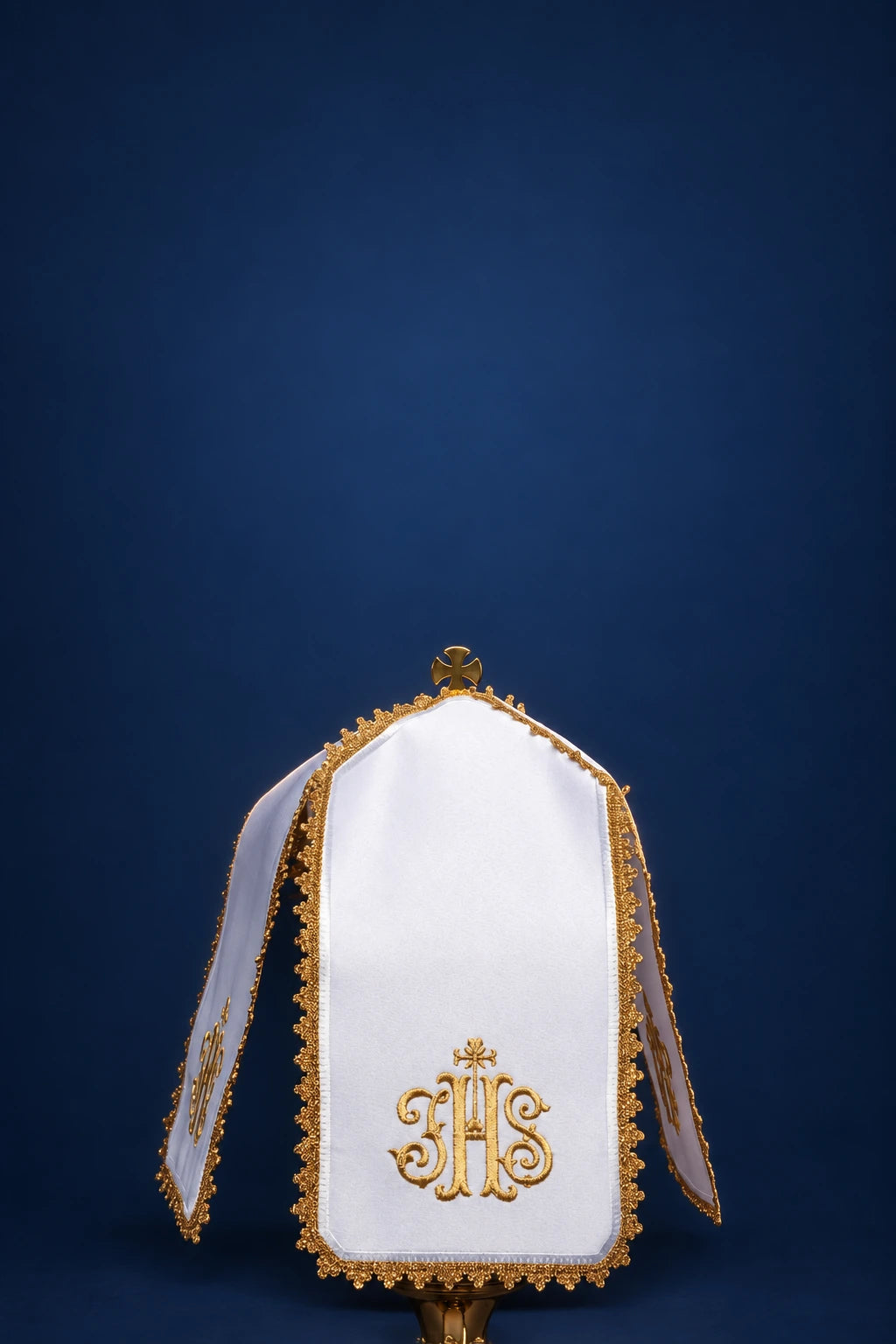 White Ciborium Veil with Gold Lace Trim, front view with gold IHS embroidery