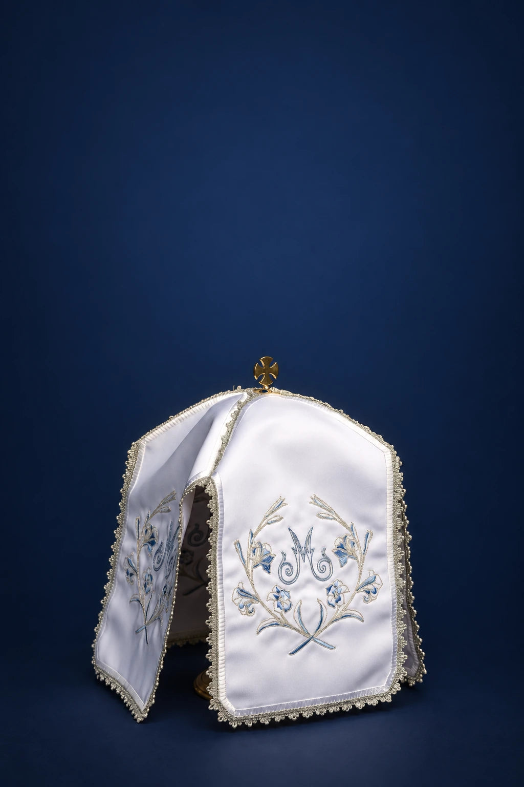 White Ciborium Veil with Silver Marian Embroidery, front view with blue and silver floral embroidery
