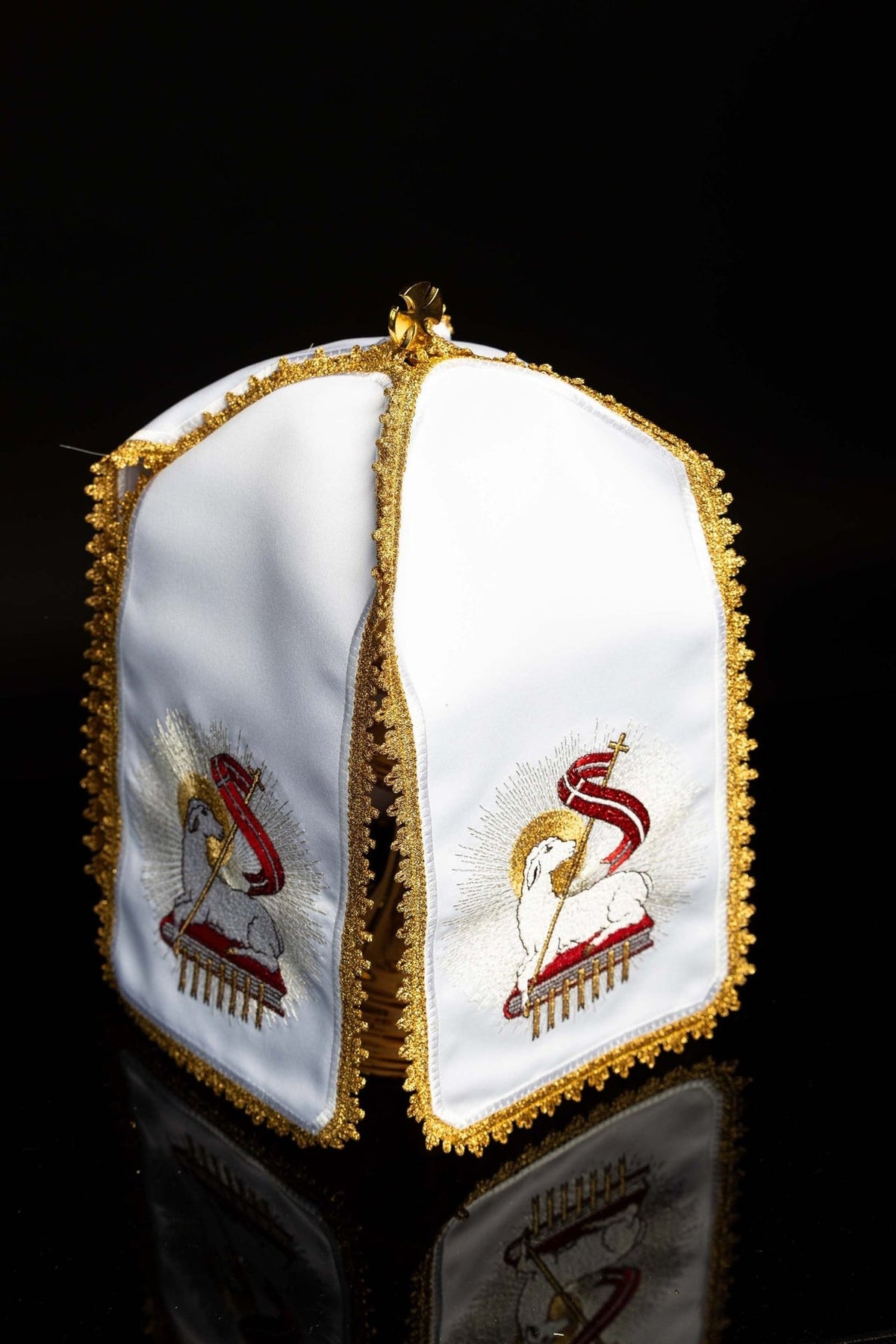 White ciborium veil front and side view with Paschal Lamb embroidery