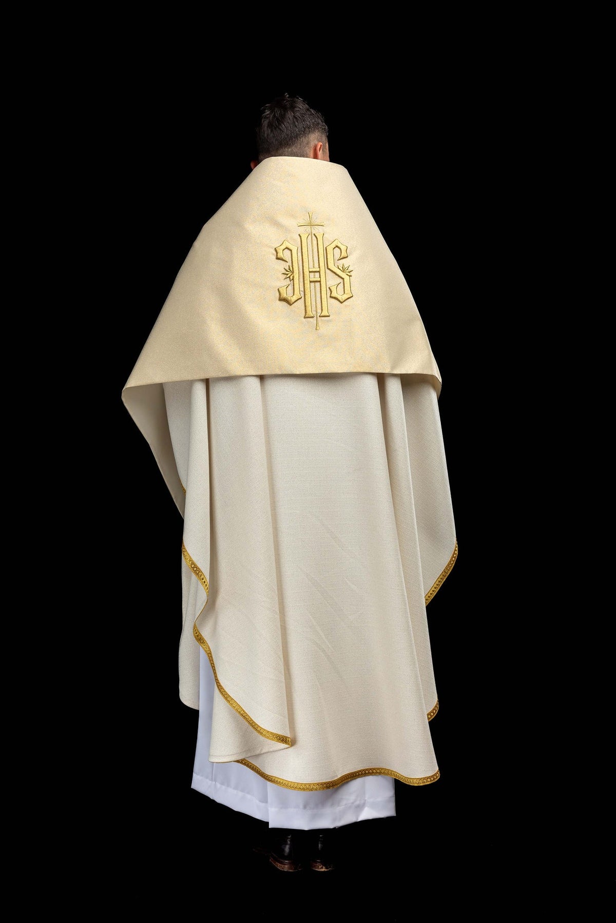 Humeral veil back view with gold embroidered IHS symbol and gold trim