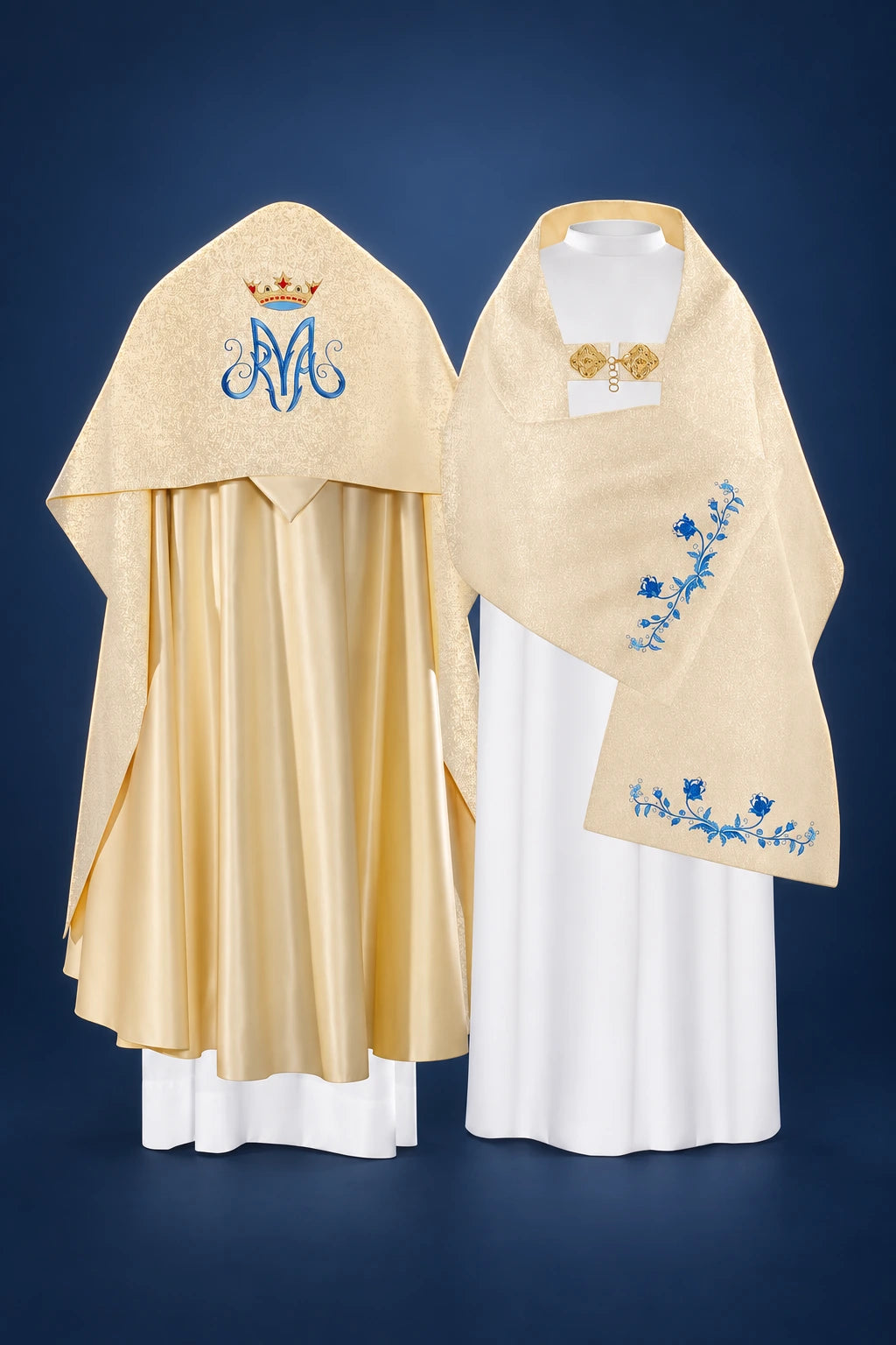 Gold humeral veil with Marian embroidery, front view showing blue monogram, crown and floral embroidery