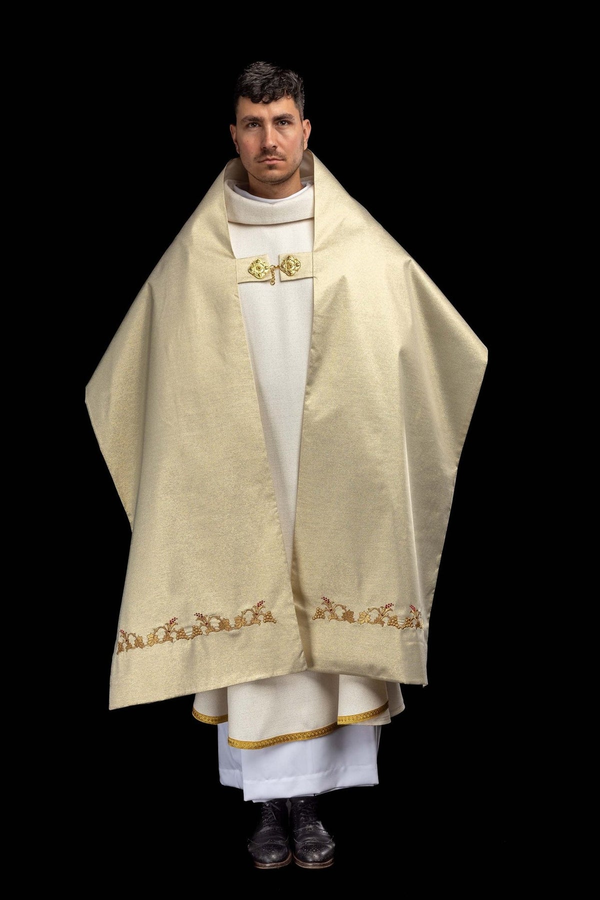 Gold humeral veil front view with embroidered grapes and vine border
