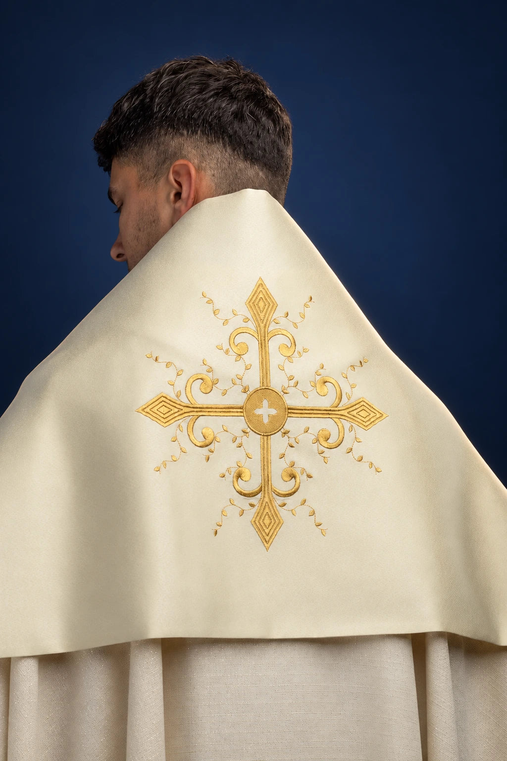 Ecru Humeral Veil with Embroidered Cross Motif, back view with gold cross embroidery