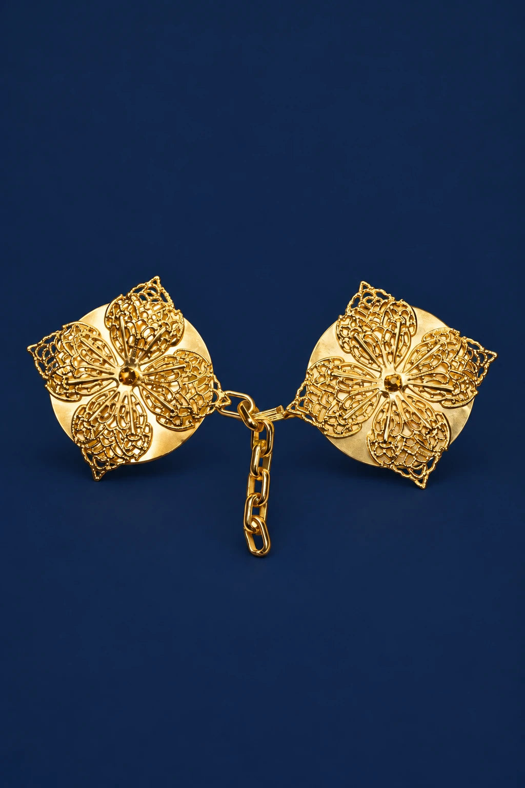 Gold Cope Clasp with Decorative Stone for a Cope and Veil, front view with floral filigree and chain